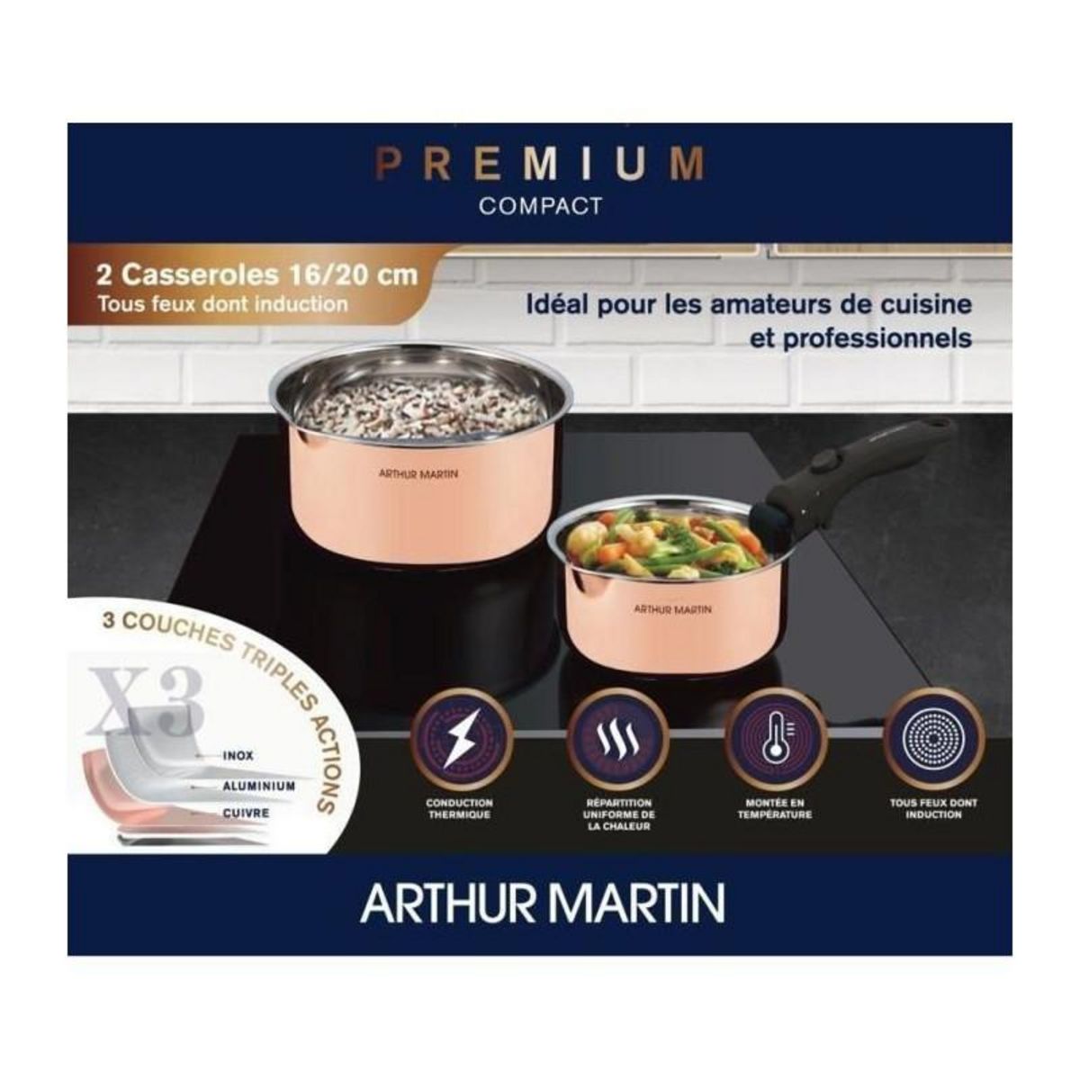 Arthur Martin 2 casseroles 16-20 cm + 1 poignée - ARTHUR MARTIN - AM720GT - 3 couches triple action - Tous feux dont induction