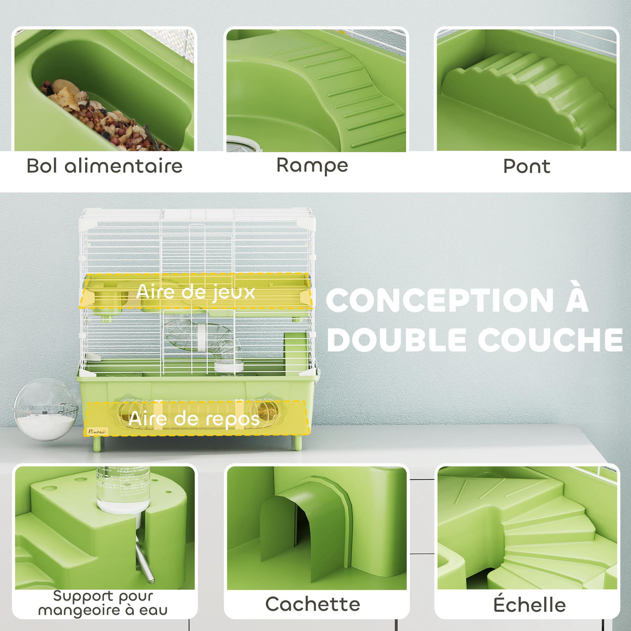 Voir la diapositive 6 : PAWHUT Cage pour hamster 2 niveaux roue sphère bac à sable tuyaux biberon eau dim. 44,5 x 28 x 44 cm blanc vert