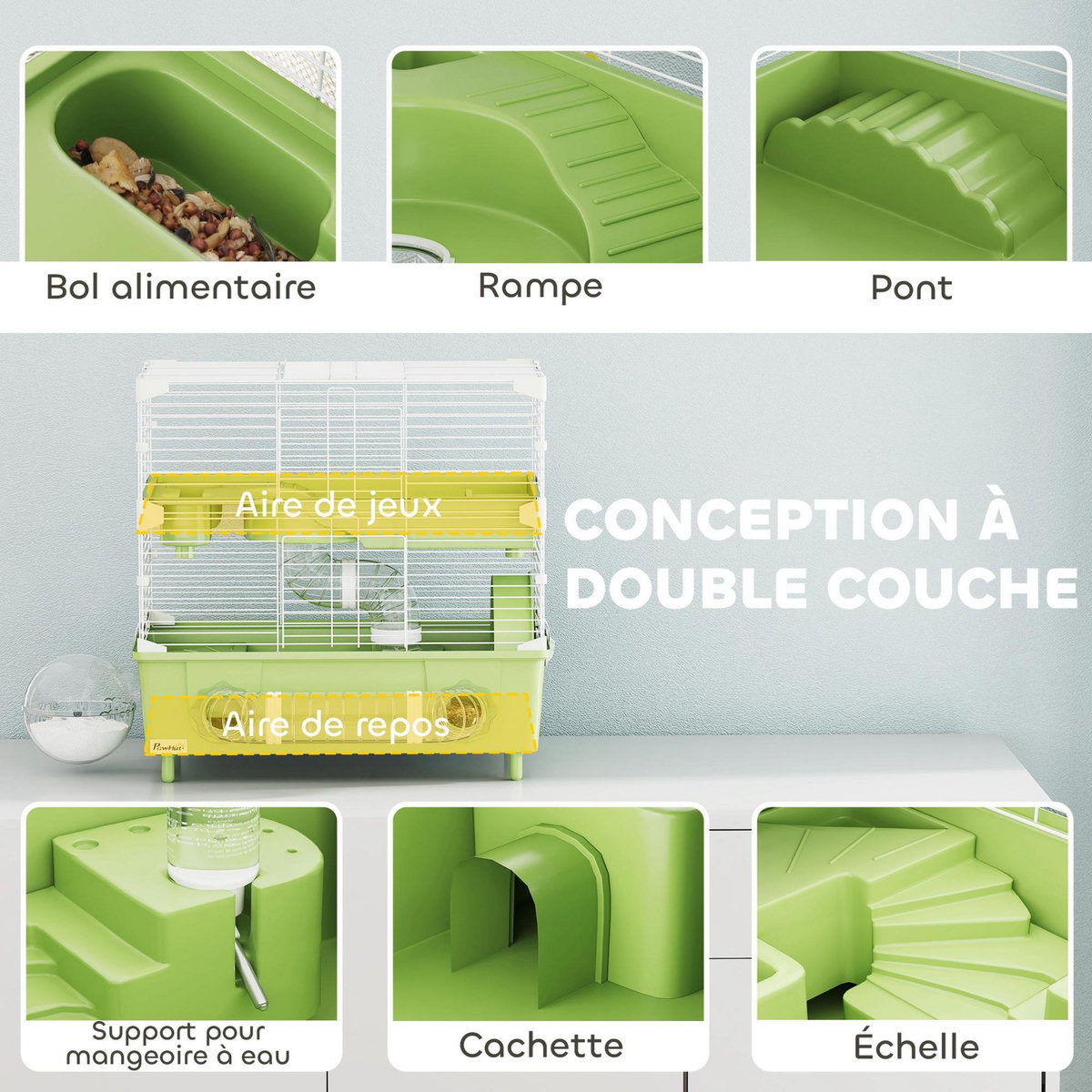 PAWHUT Cage pour hamster 2 niveaux roue sphère bac à sable tuyaux biberon eau dim. 44,5 x 28 x 44 cm blanc vert