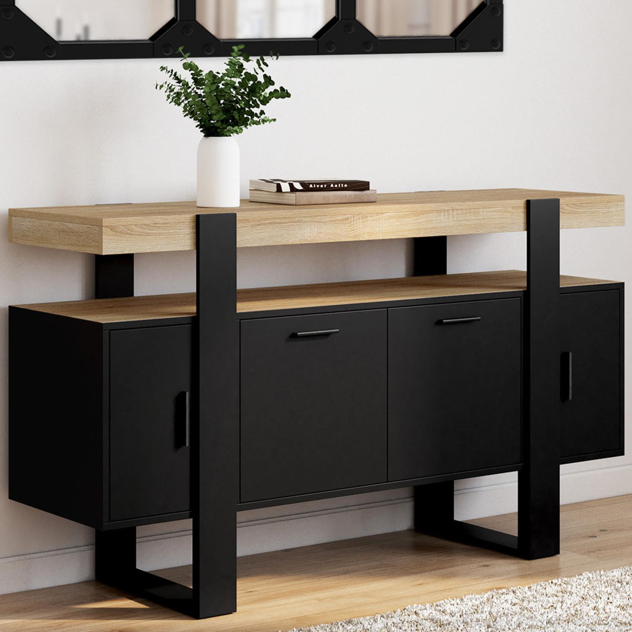 Voir la diapositive 2 : ID MARKET Buffet 140 cm phoenix 4 portes noir avec plateau bois