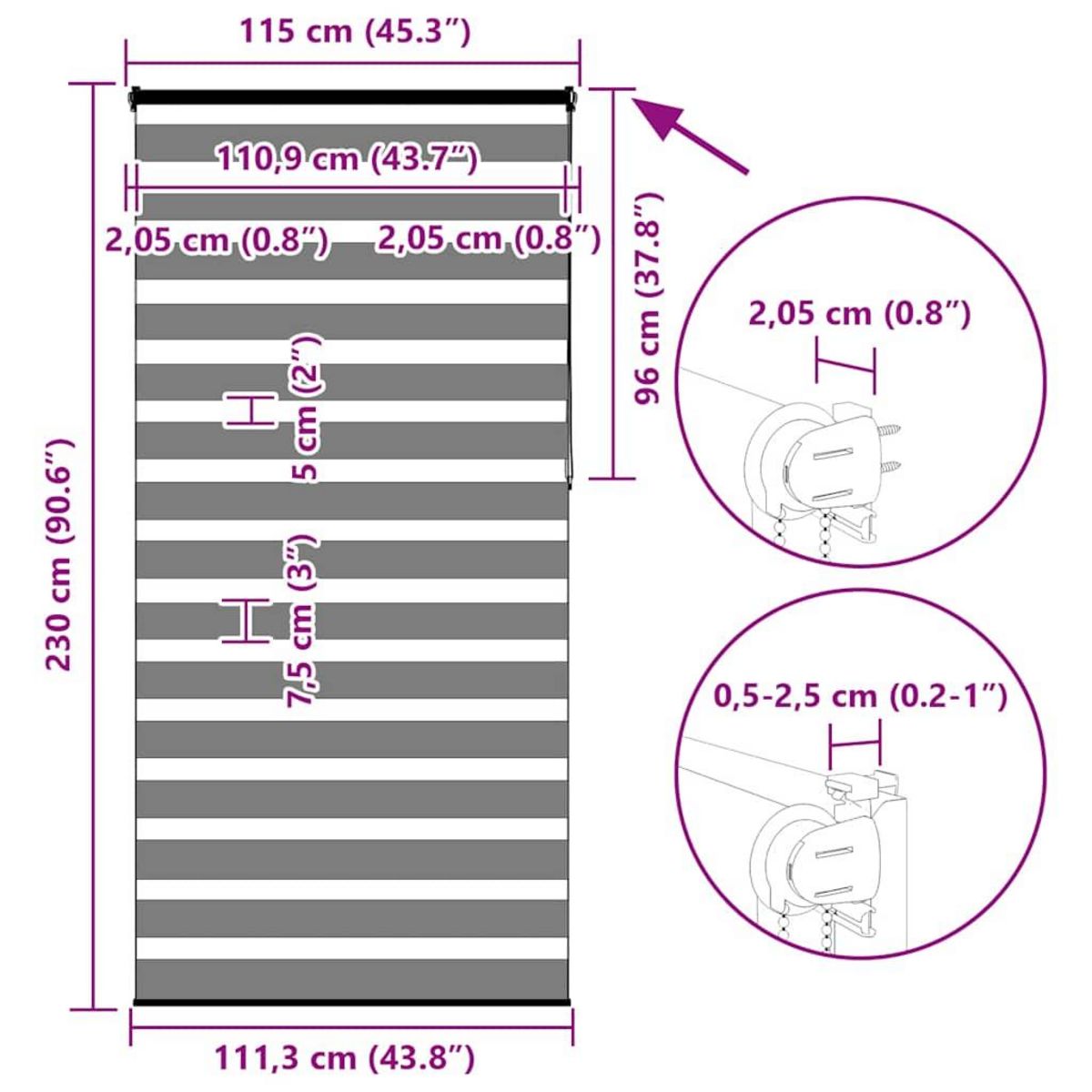VIDAXL Store zebre gris fonce largeur du tissu 110,9 cm polyester