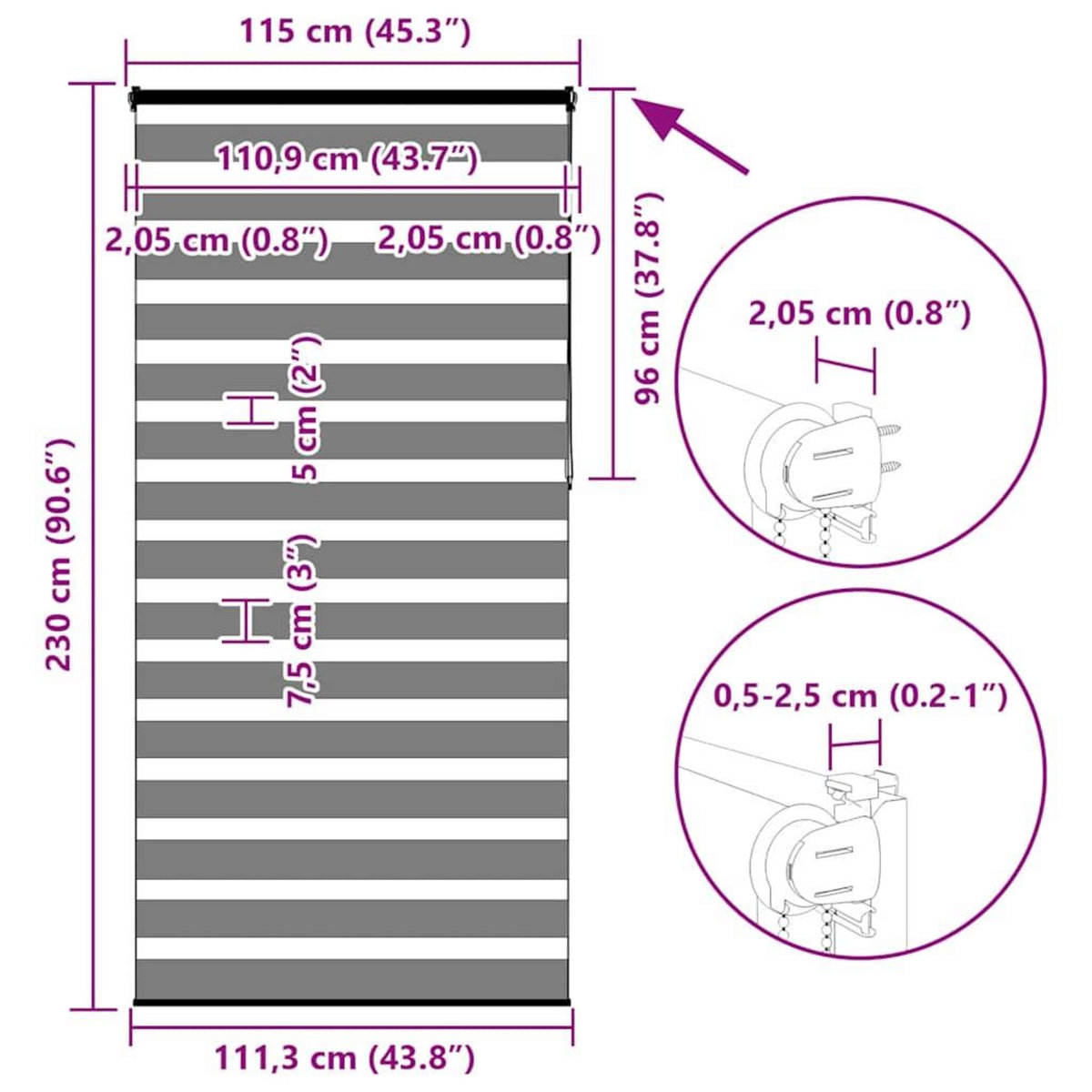 VIDAXL Store zebre gris fonce largeur du tissu 110,9 cm polyester
