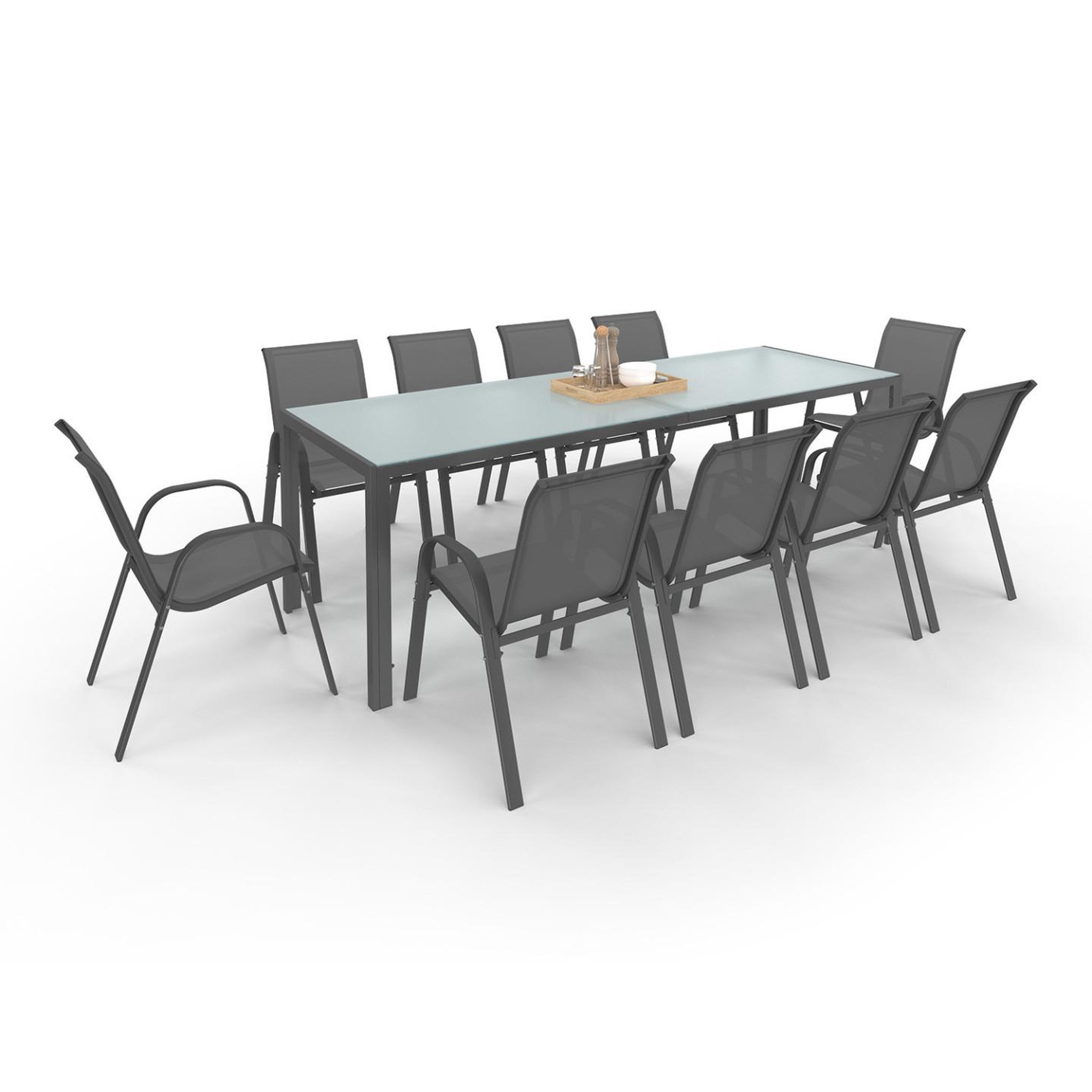 ID MARKET Salon de jardin madrid table 240 cm et 10 chaises empilables gris anthracite plateau clair