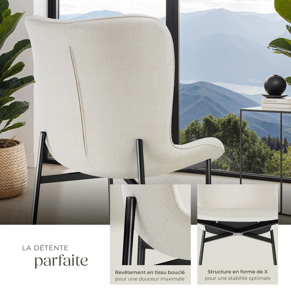 tectake Chaise rembourrée forme ergonomique avec dossier haut Tissu blanc cassé/noir Lot de 6