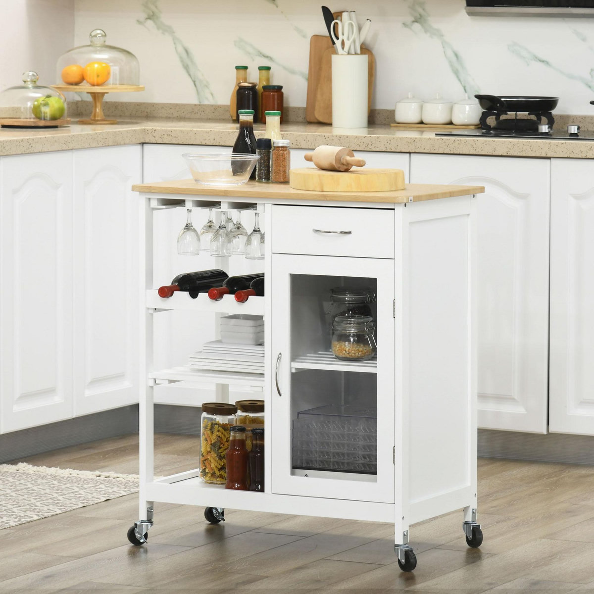 HOMCOM Desserte de cuisine multi-rangement - porte acrylique poignées métal MDF blanc aspect bambou