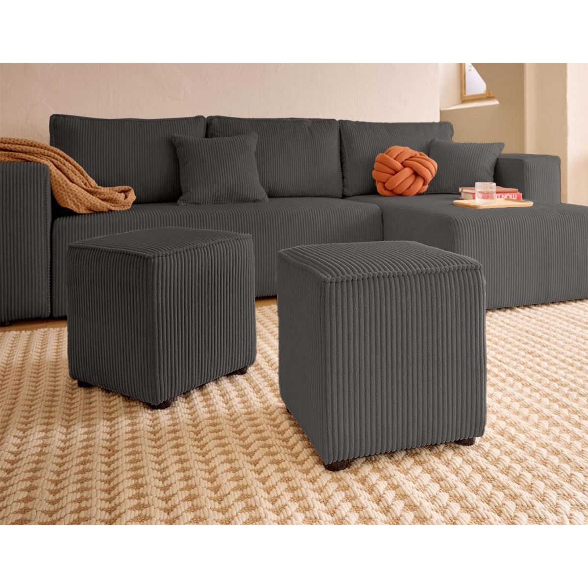BEST MOBILIER Topaze - canapé d'angle réversible 4 places - convertible avec coffre, tablette et poufs - en velours côtelé