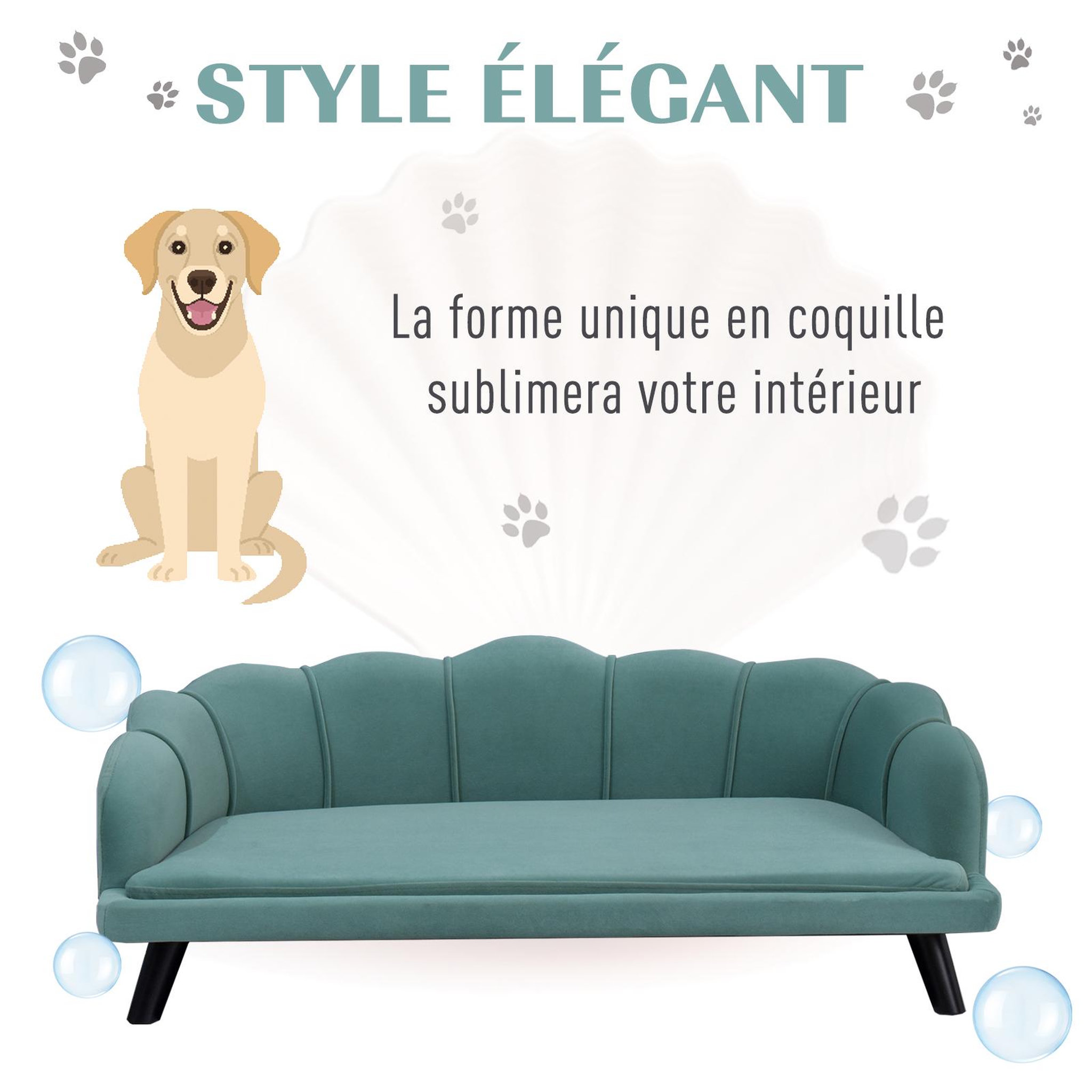 Voir la diapositive 4 : PAWHUT Canapé chien lit pour chien chat design contemporain coquillage dim. 98l x 60l x 35h cm coussin moelleux velours vert