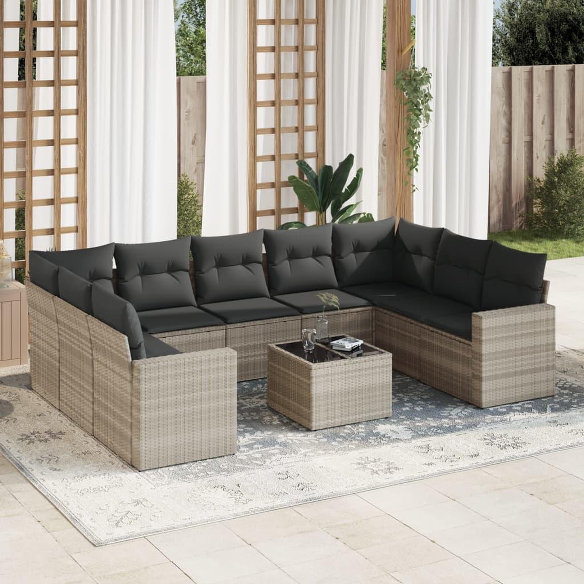 VIDAXL Salon de jardin avec coussins 10 pcs gris clair resine tressee