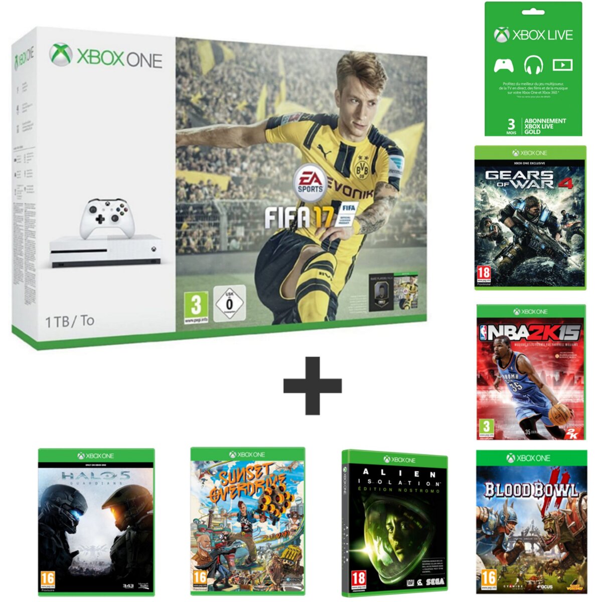 Console Xbox One S 1To FIFA 17 + 3 mois Xbox live + Gears Of War 4 + Halo 5 + Sunset Overdrive + Blood Bowl 2 + NBA 2K15 + Alien Isolation - limited edition