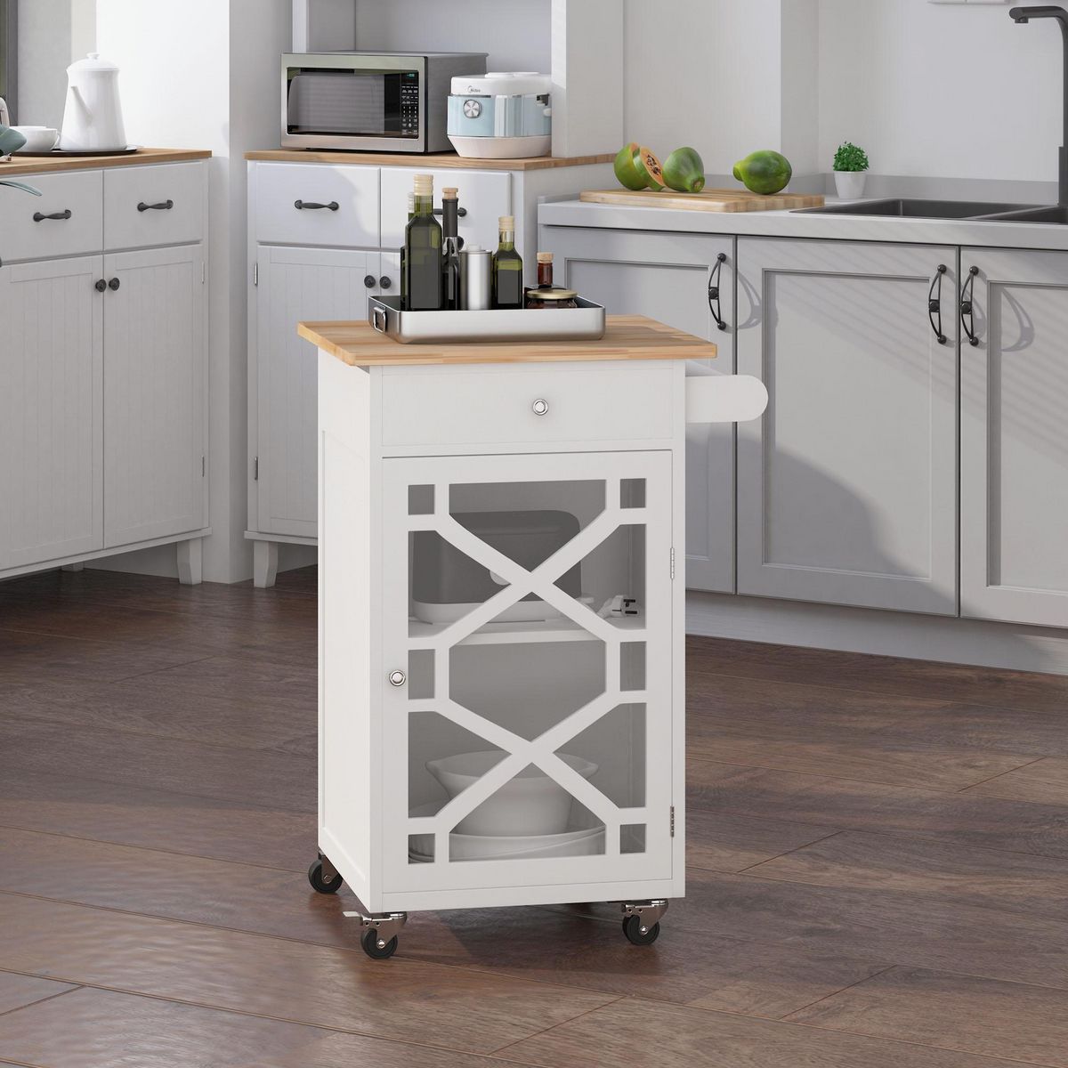 HOMCOM Desserte de cuisine à roulettes - tiroir, placard, porte-serviette - MDF blanc plateau bois hévéa