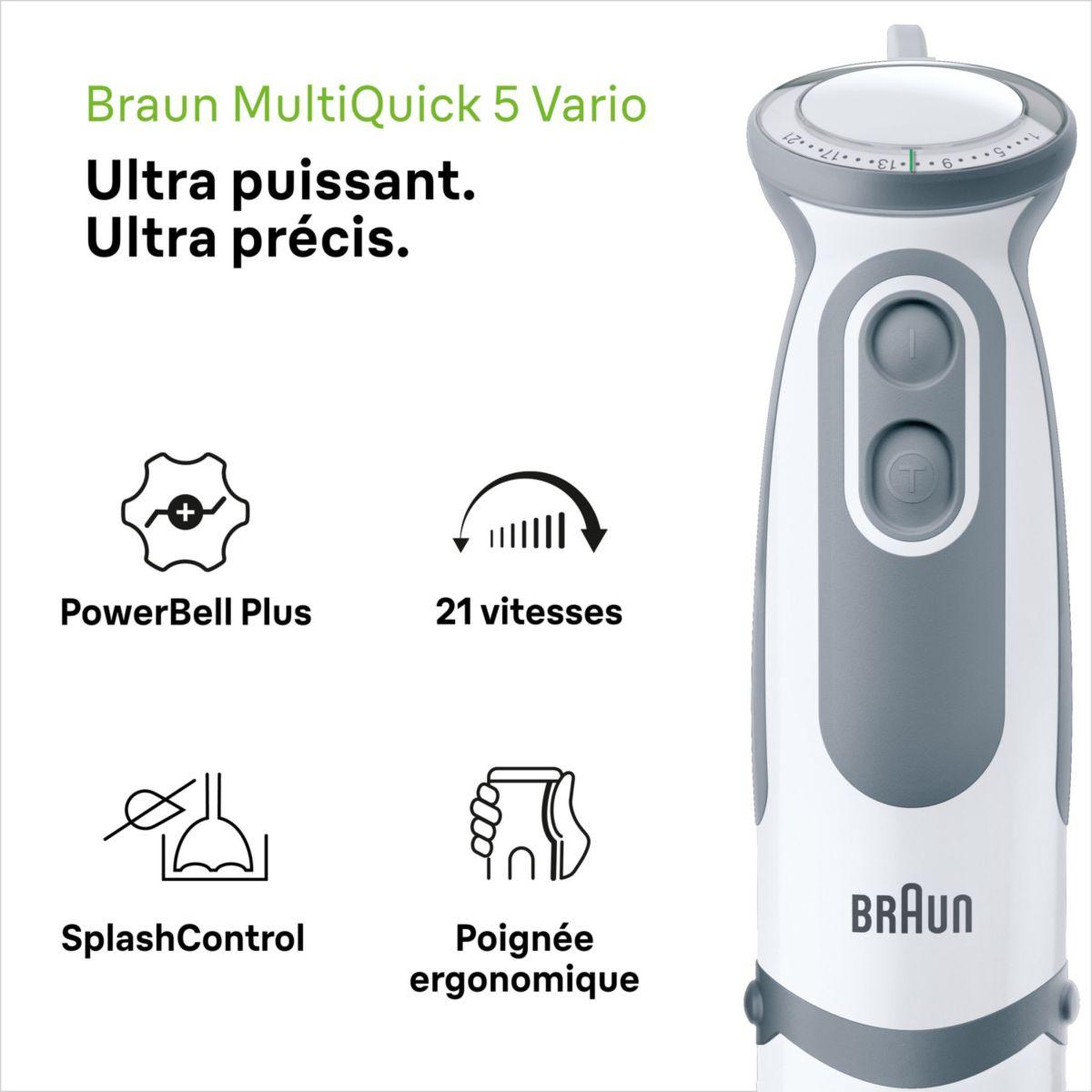 Voir la diapositive 4 : BRAUN Mixeur MQ5220WH MultiQuick 5 Vario blanc 1 accessoire