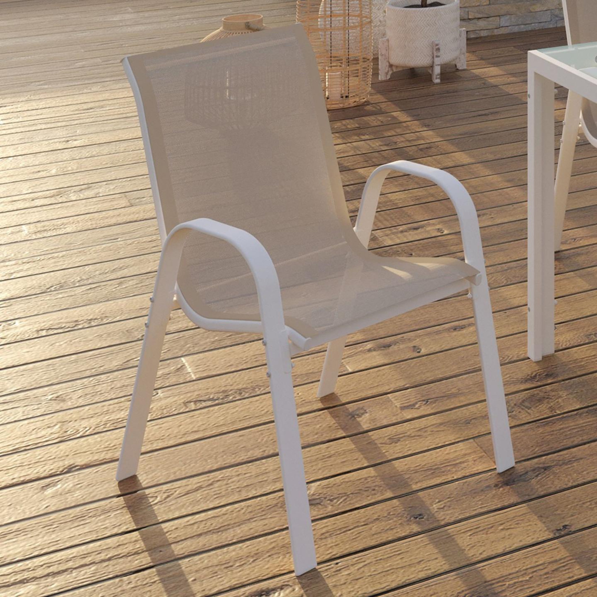 Voir la diapositive 2 : ID MARKET Lot de 4 chaises de jardin lyma métal et textilène empilables blanc et beige taupe