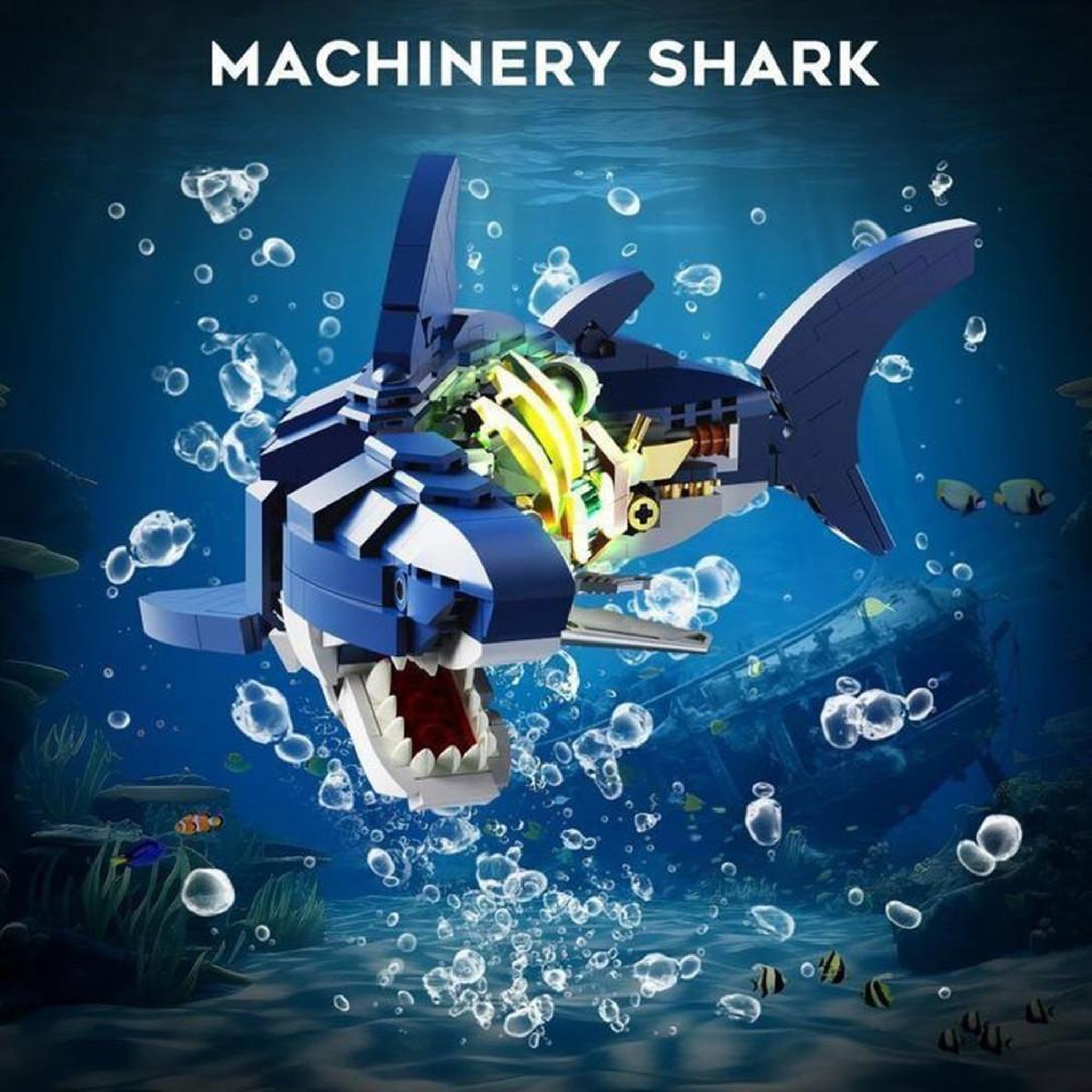 Voir la diapositive 6 : Coffret de construction requin mécanique 687 pièces ABS avec éclairage LED vert et mécanisme d'engrenage animé