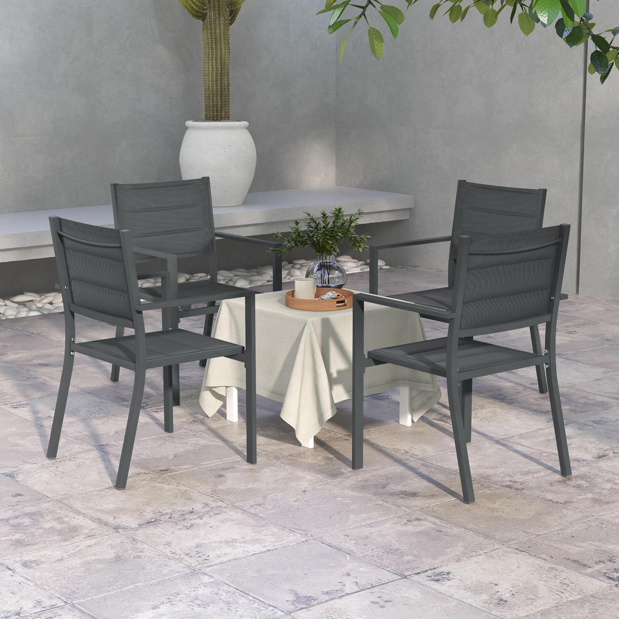 Voir la diapositive 2 : OUTSUNNY Lot de 4 chaises de jardin empilables avec accoudoirs alu textilène gris