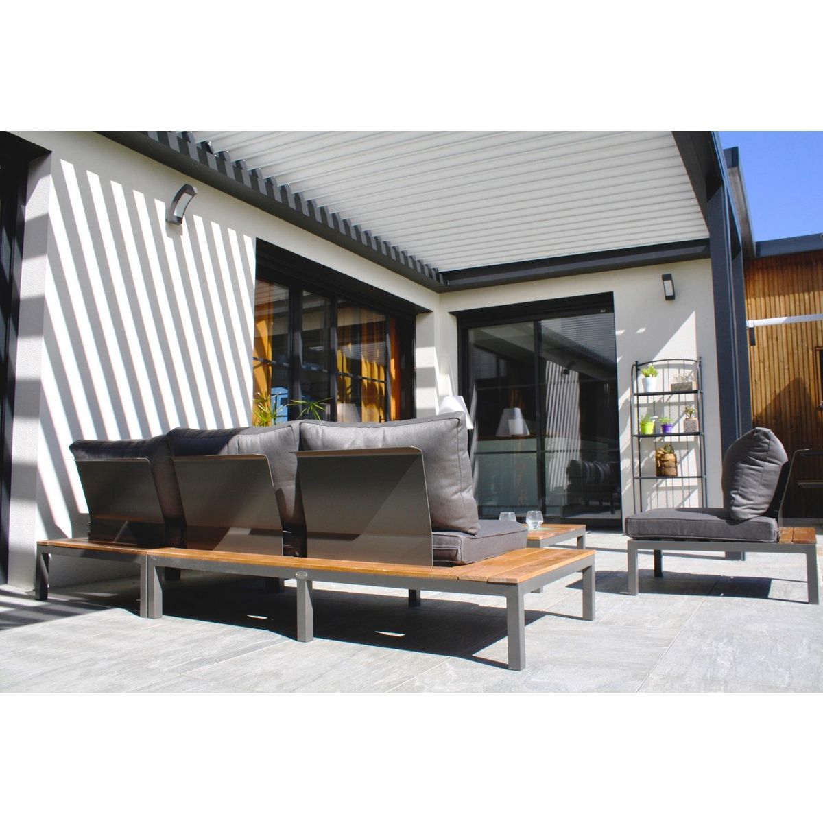 DCB GARDEN Salon bas de jardin - 6 places - Aluminium/bois - Anthracite - NAGANO