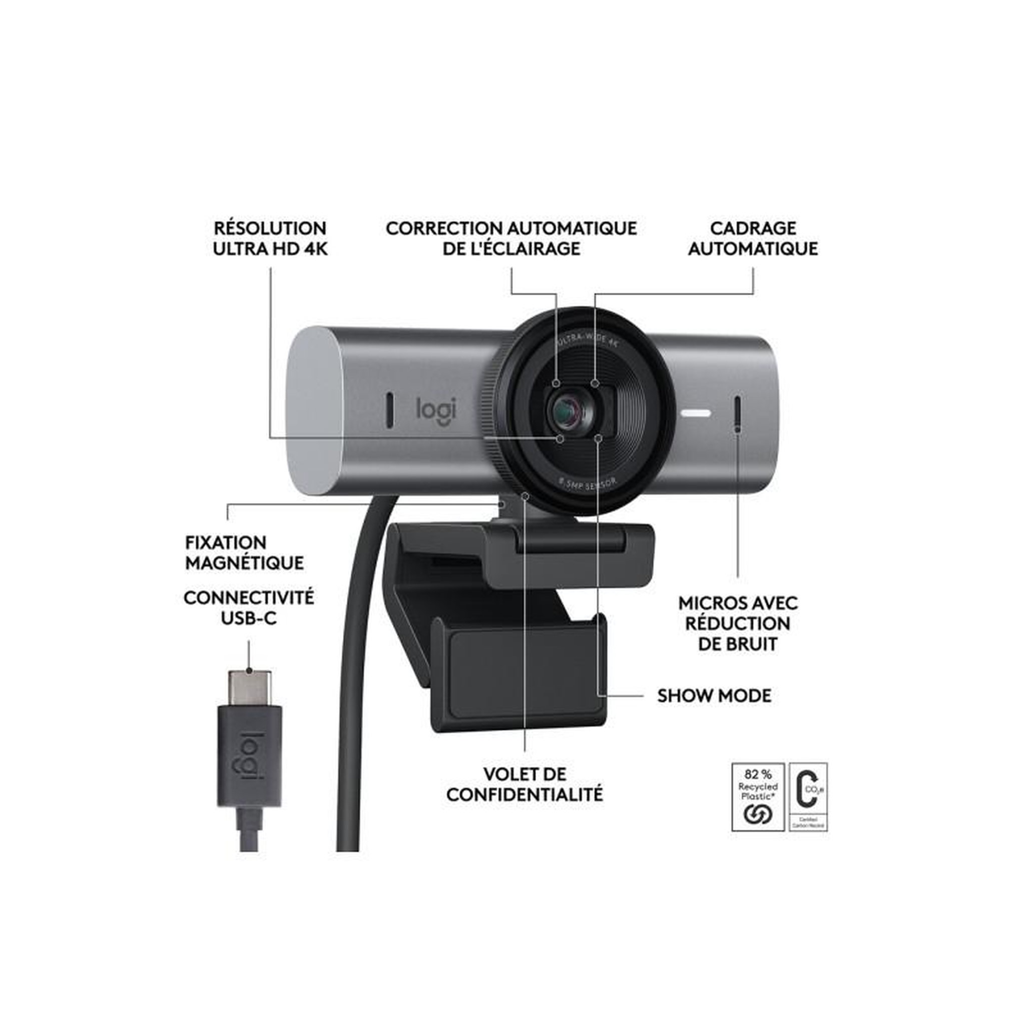 Voir la diapositive 6 : Logitech Webcam MX Brio Streaming 4K Graphite