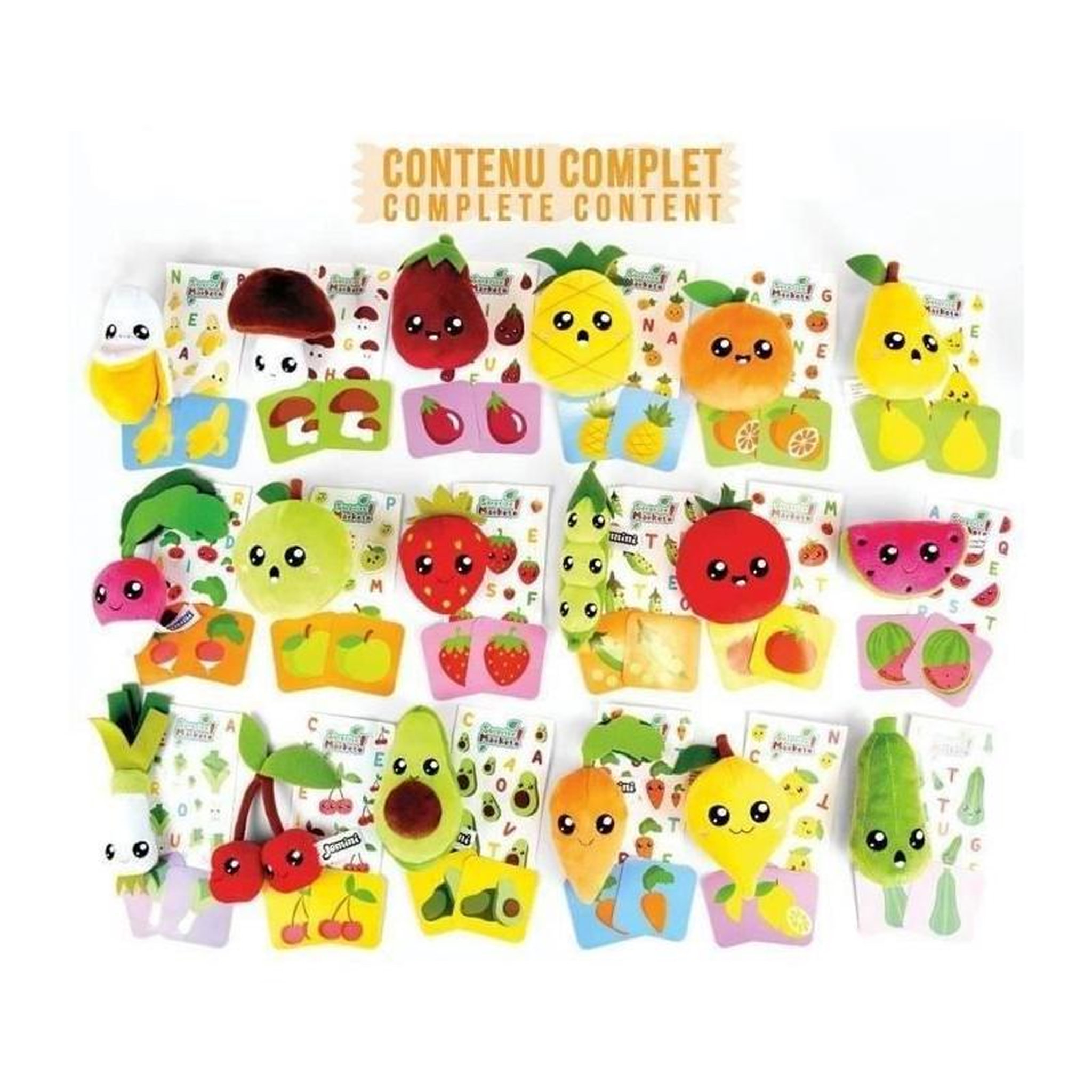 Voir la diapositive 4 : JEMINI Lot de 18 pochettes surprises - JEMINI - Surprise Market - Peluche fruits ou légumes +/- 10 cm, stickers et cartes mémo