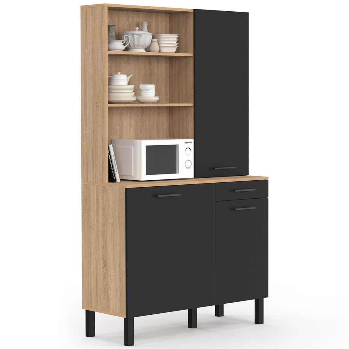 ID MARKET Buffet de cuisine avec colonne de rangement 100 CM CINA 3 portes + tiroir façon hêtre et noir
