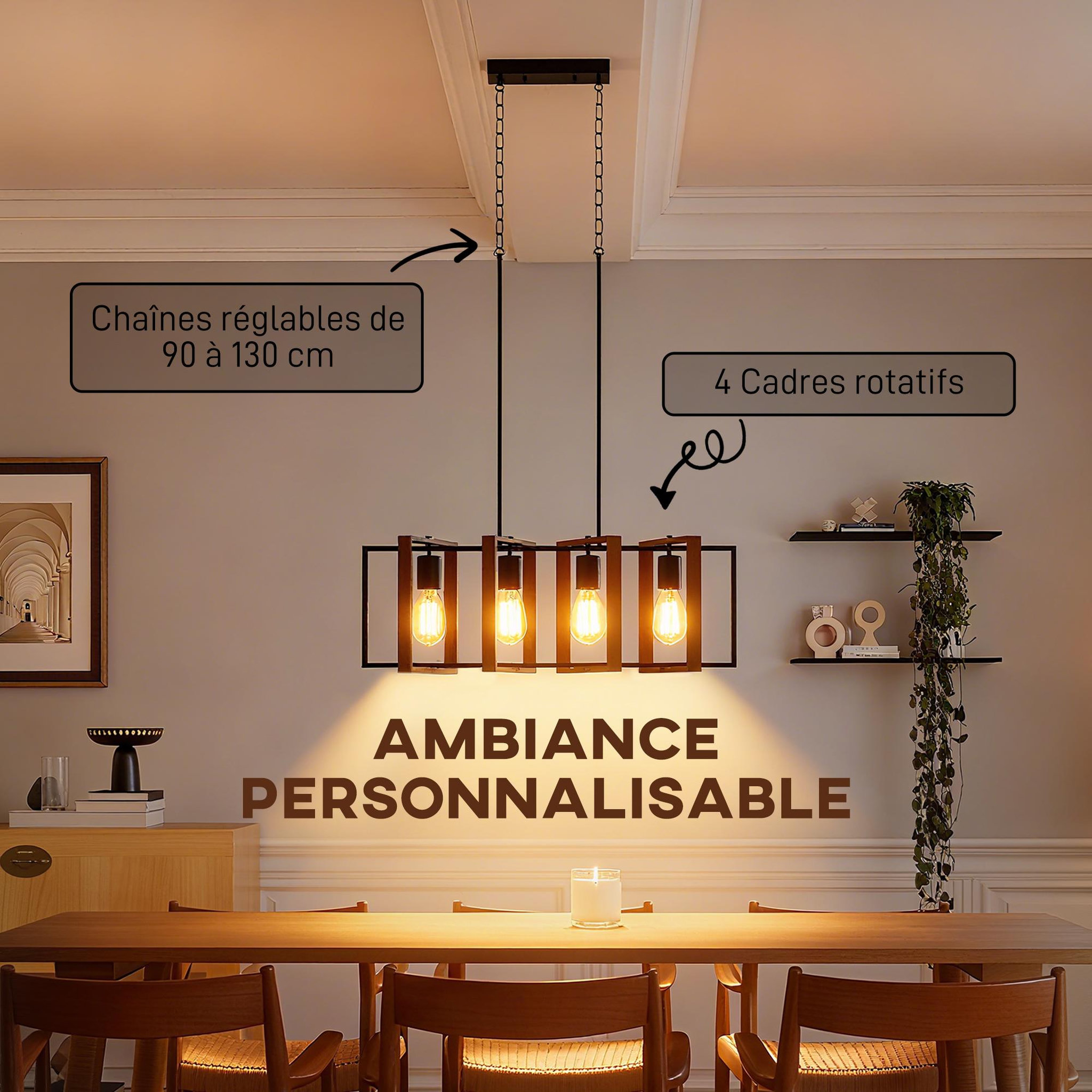 Voir la diapositive 6 : HOMCOM Suspension design 4 lumières cadres rotatifs - hauteur réglable - acier noir bois coloris noyer