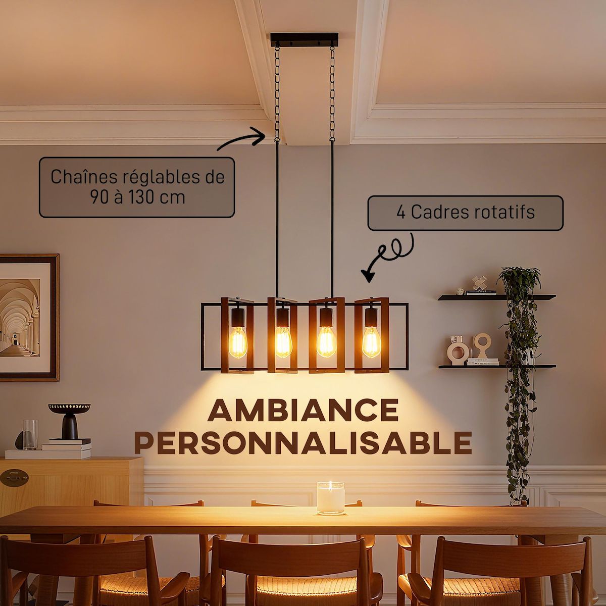 HOMCOM Suspension design 4 lumières cadres rotatifs - hauteur réglable - acier noir bois coloris noyer
