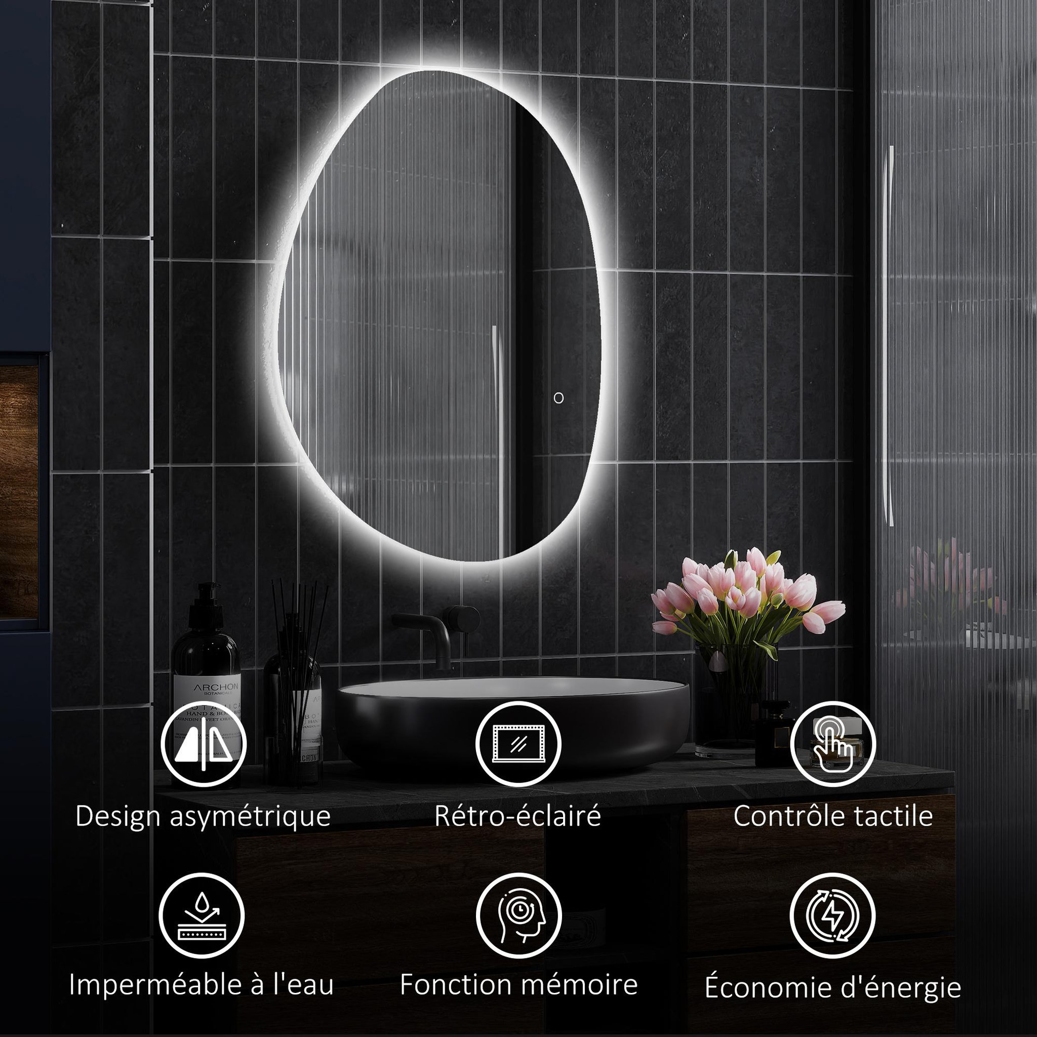 Voir la diapositive 5 : HOMCOM Miroir led salle de bain réglable 27w - miroir organique 80 x 60 cm - anti-buée tactile - verre trempé