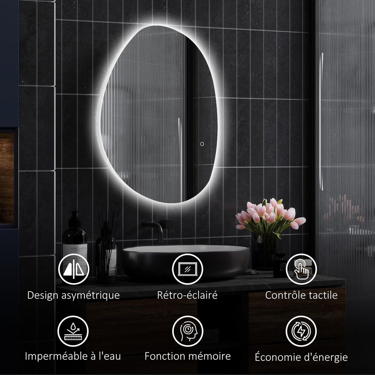 HOMCOM Miroir LED salle de bain réglable 27W - miroir organique 80 x 60 cm - anti-buée tactile - verre trempé
