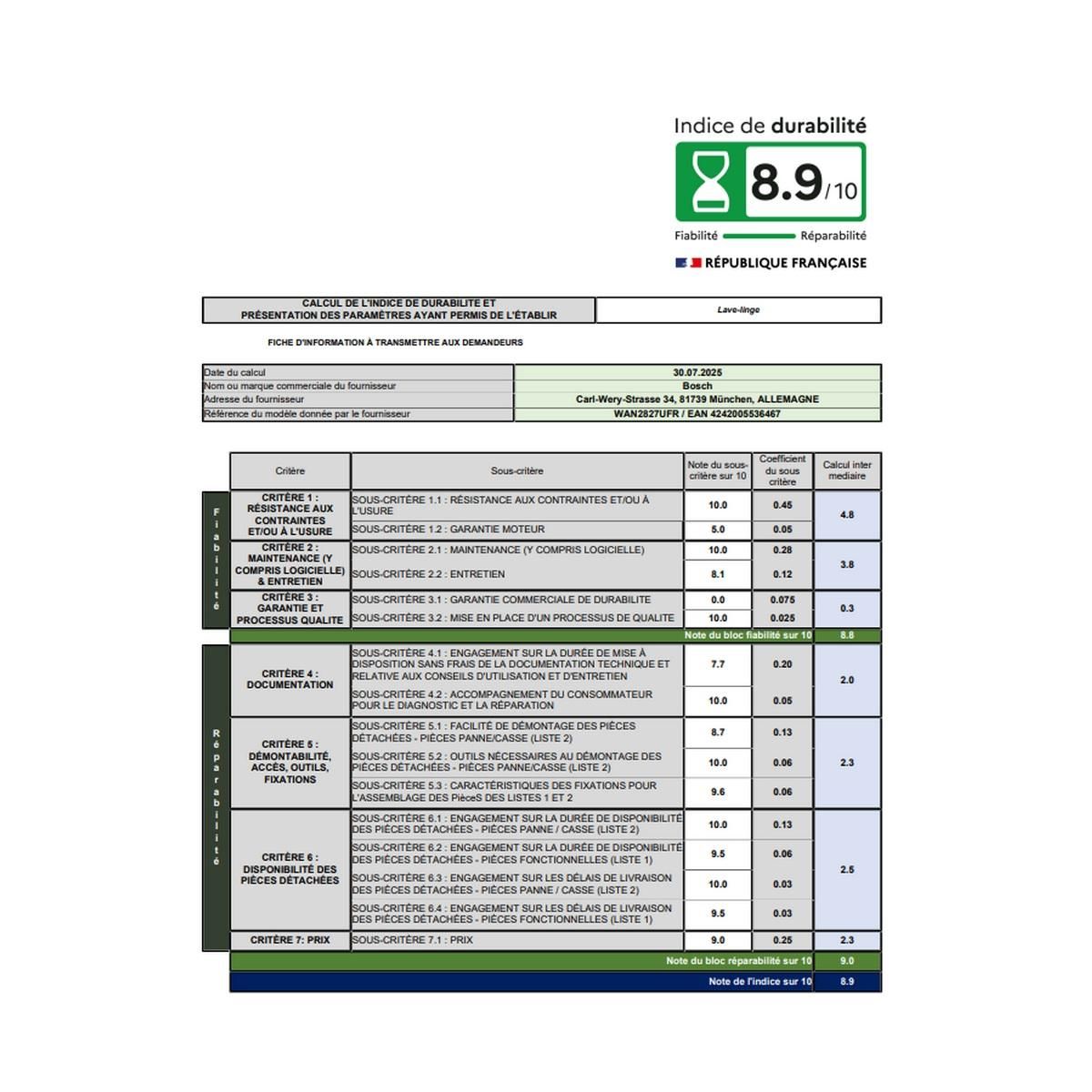 BOSCH Lave-linge hublot 60m 8kg 1400 tours/min - WAN2827UFR