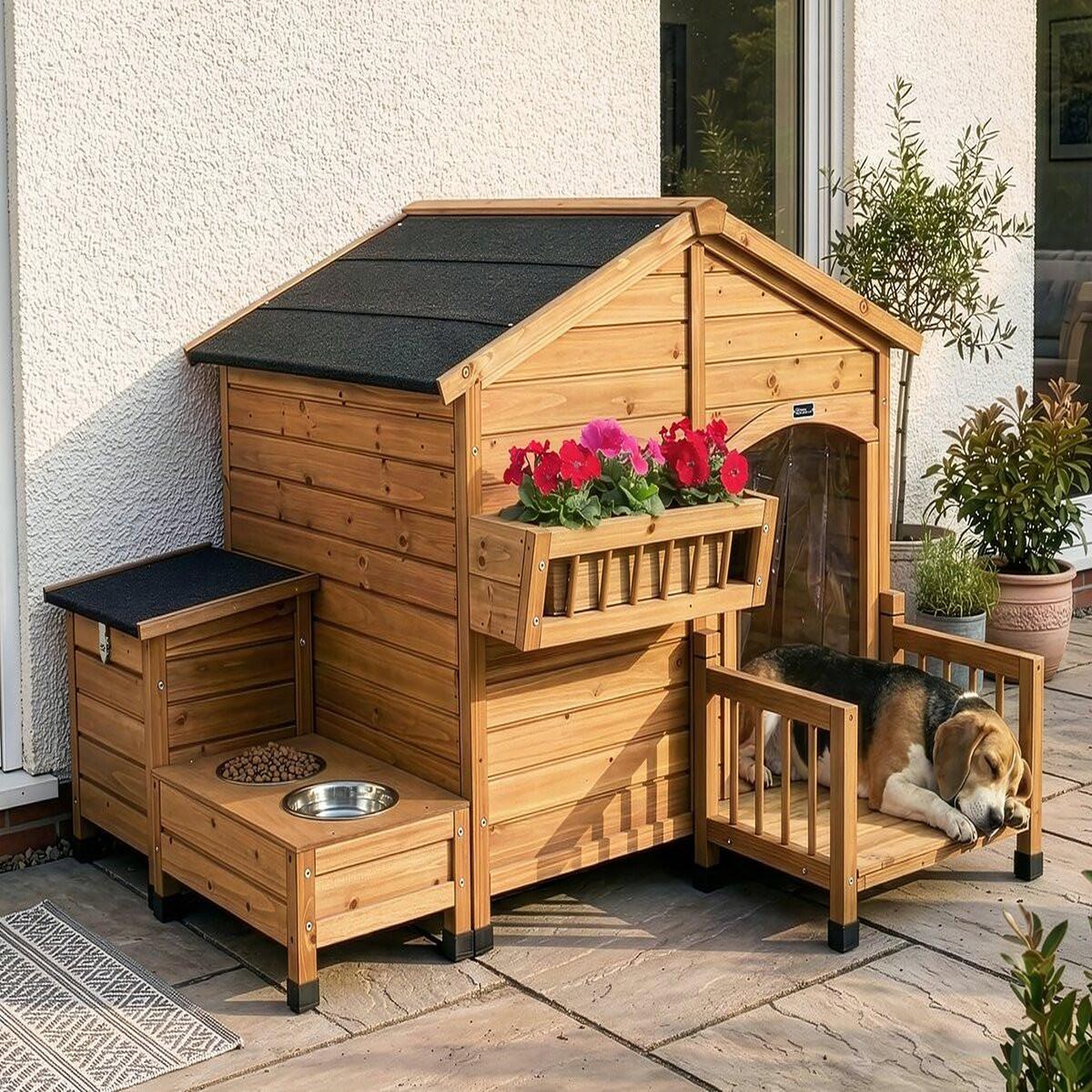 Voir la diapositive 2 : Habitat et Jardin Niche pour chien en bois avec mangeoire et boite de rangement  Rusty  - 151 x 138 x 100 cm - Marron