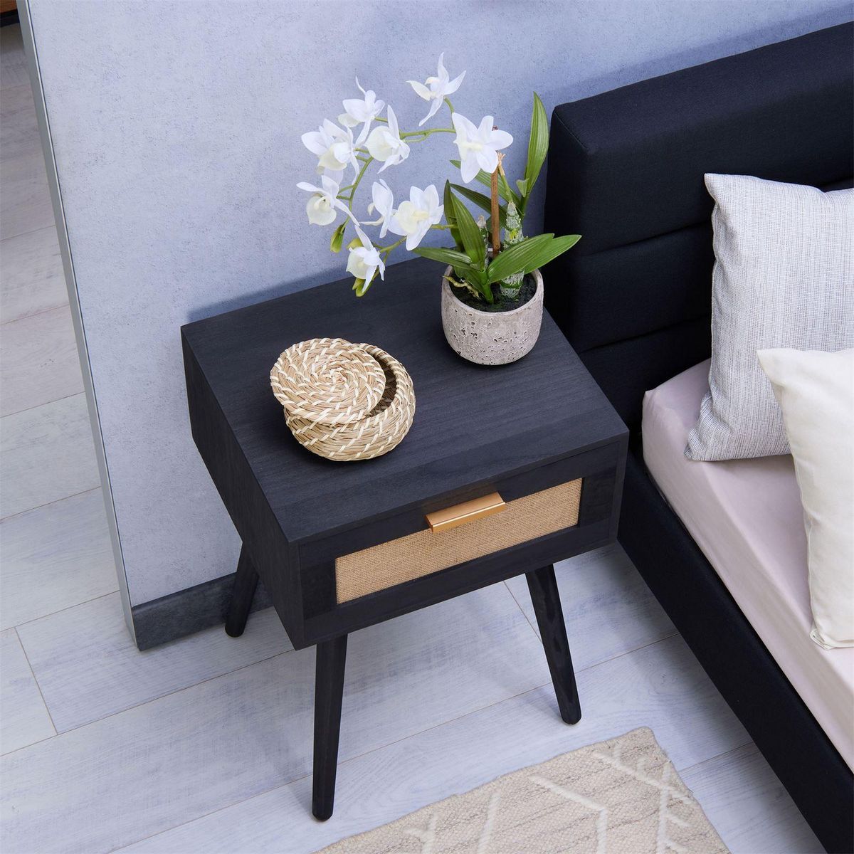 IDIMEX Table de chevet KIRAN 1 tiroir, en bois et lin