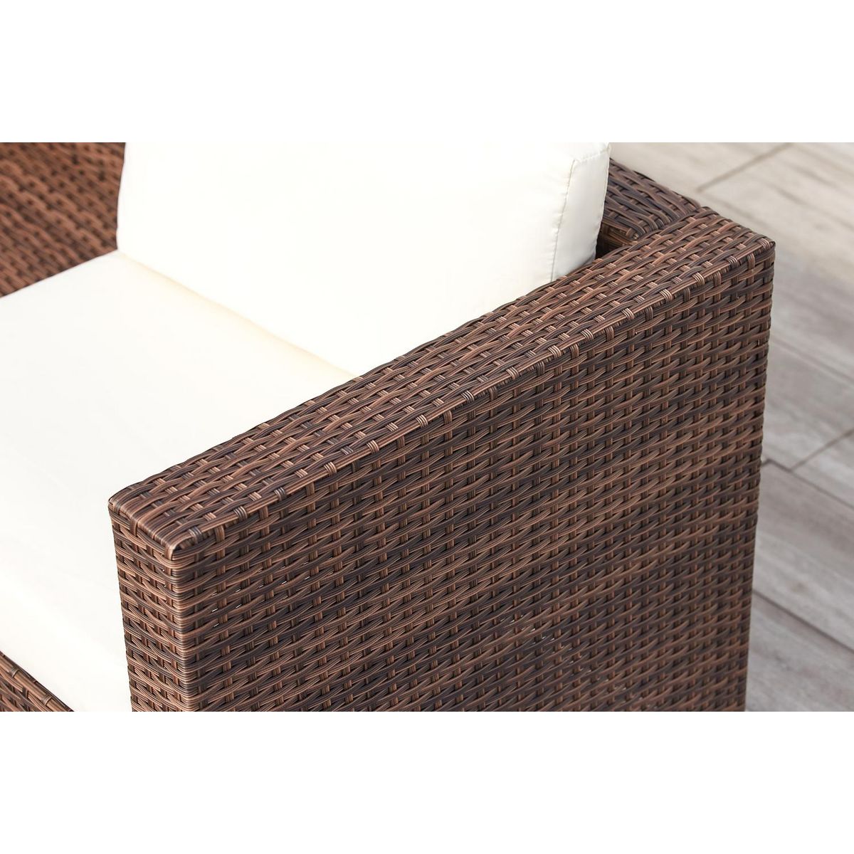 CONCEPT USINE Salon de jardin en résine tressée 4 places avec coffre intégré marron et blanc SILANG