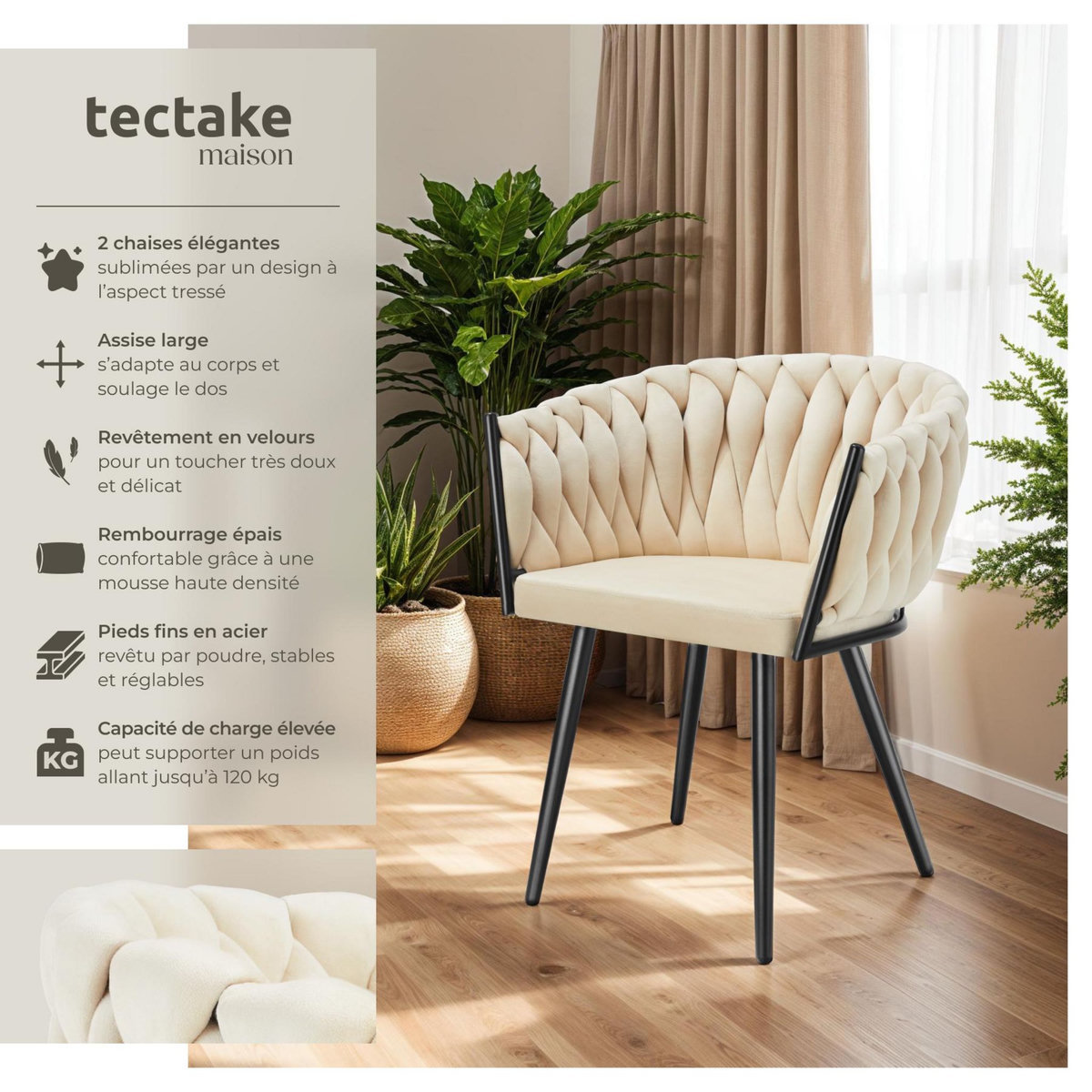 tectake Lot de chaises de salle à manger rembourrée avec revêtement en velours et design noué sable Lot de 2