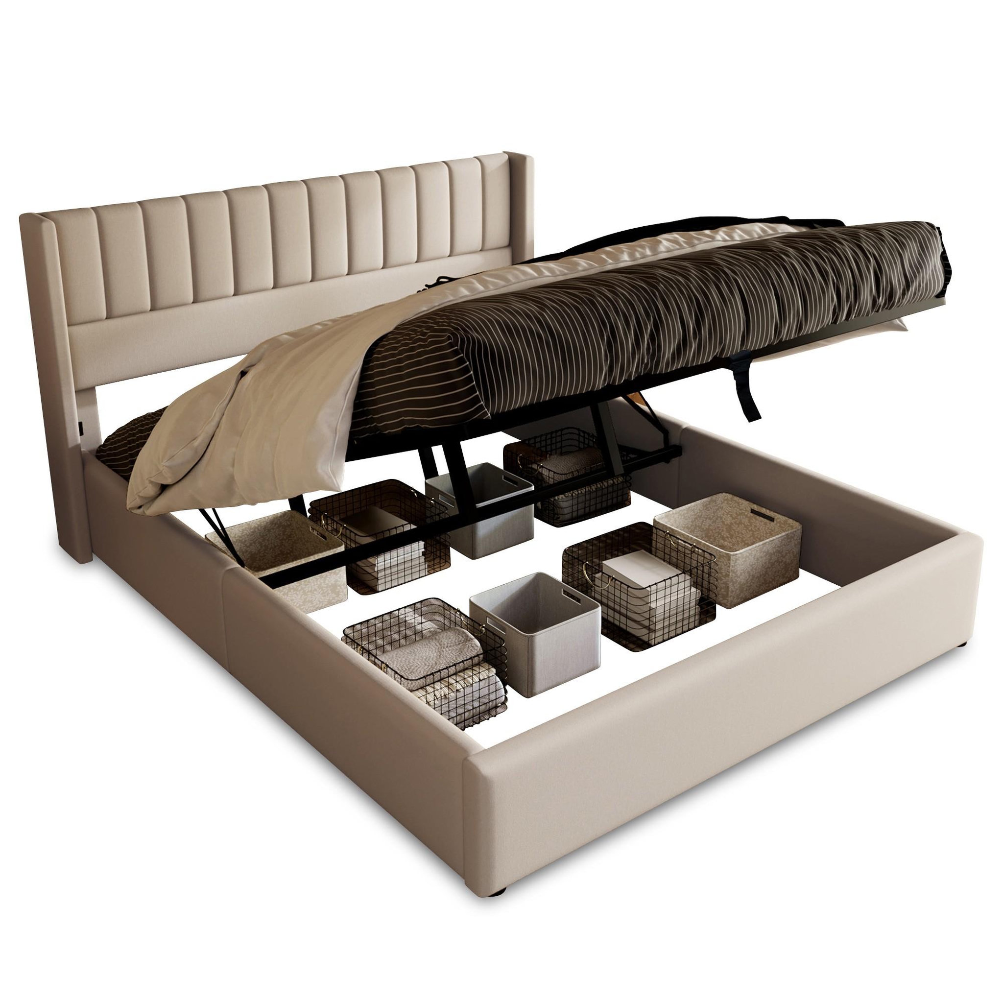 Voir la diapositive 1 : MERAX Lit coffre avec sommier Lin