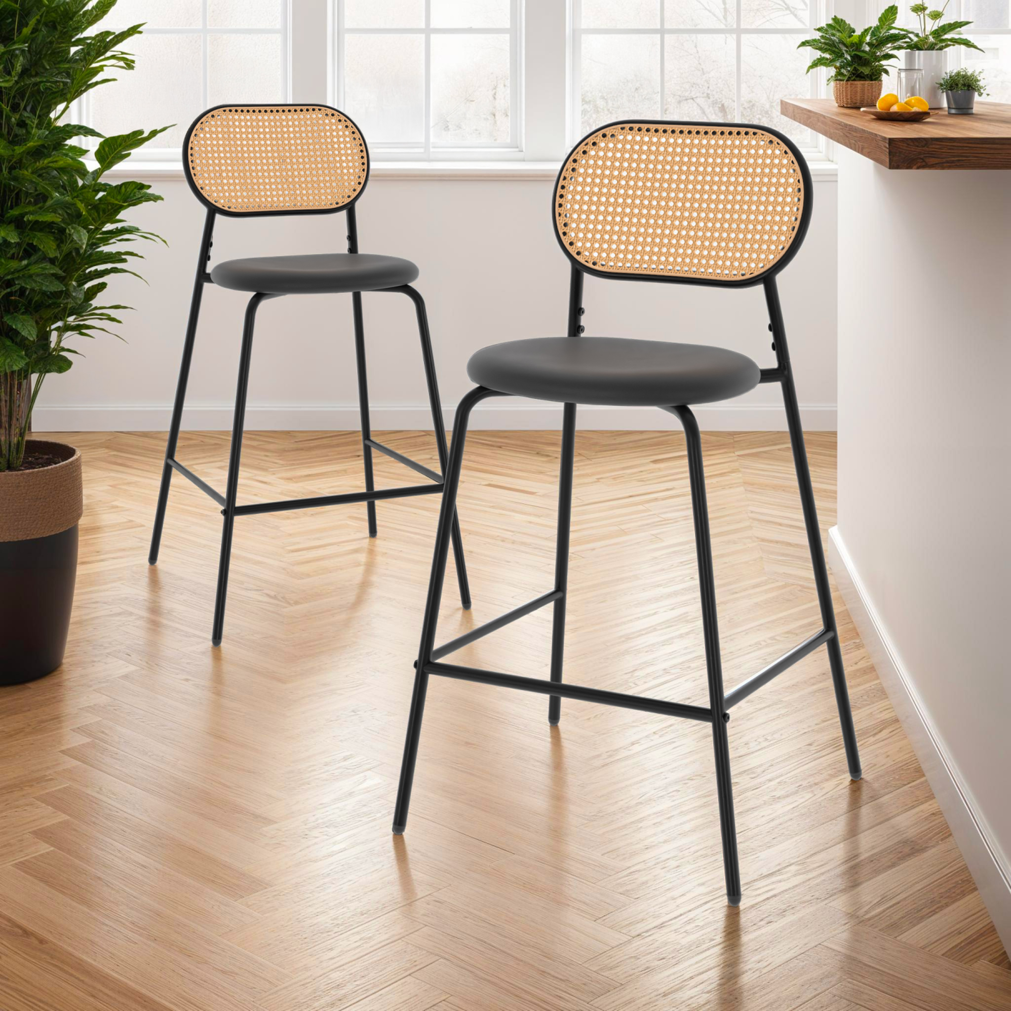 Voir la diapositive 2 : ID MARKET Lot de 2 tabourets de bar vintage CLOTILDE en métal noir et dossier cannage