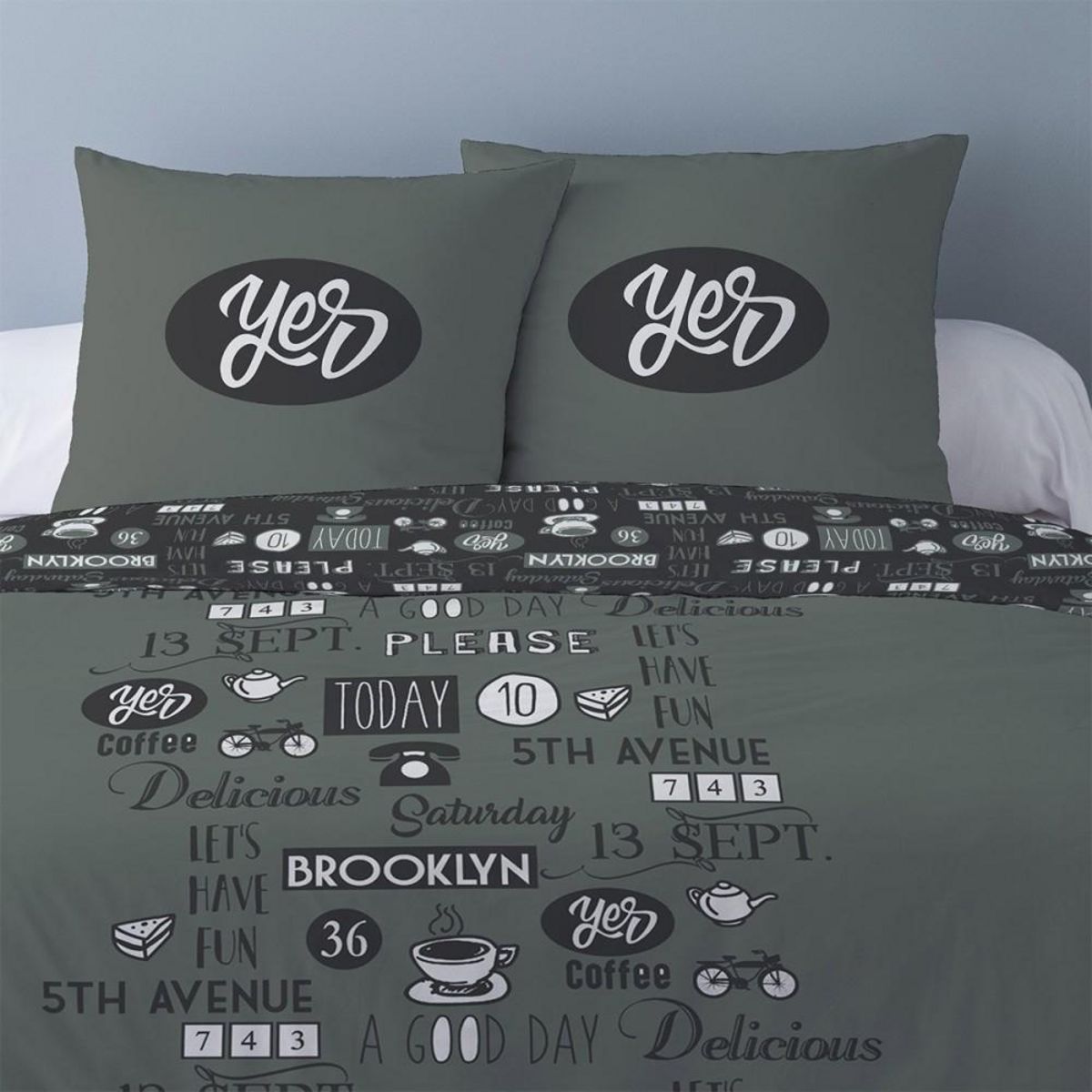 Dourev Housse de couette 240x220 Yes + 2 taies coton 52 fils