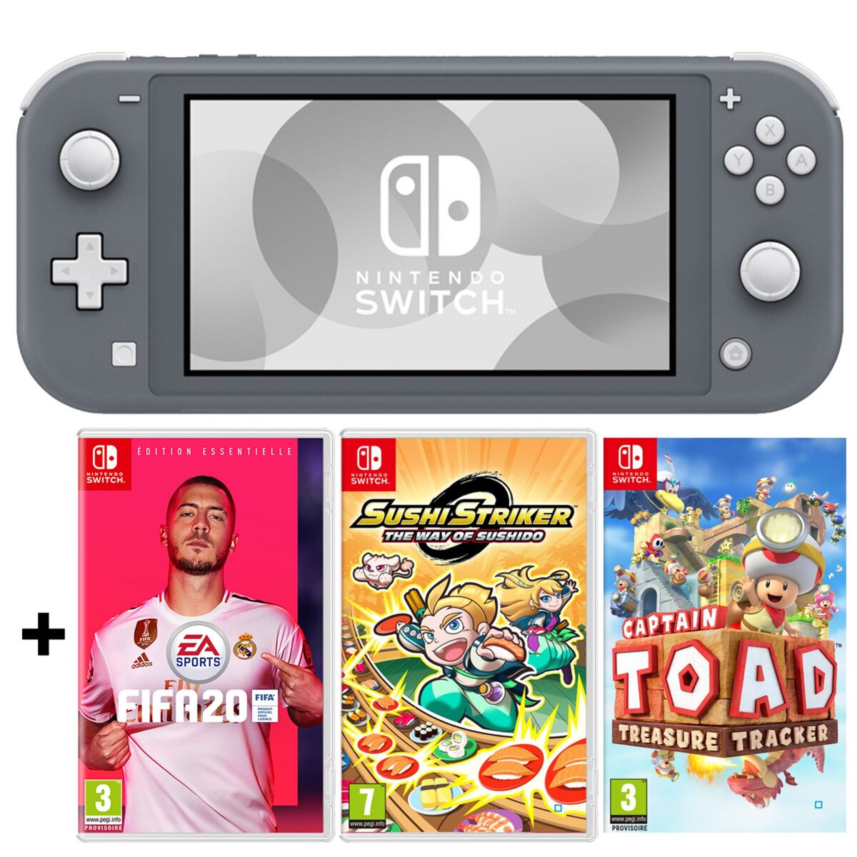Console Nintendo Switch Lite Grise + FIFA 20 + Sushi Striker : The Way of Sushido + Captain Toad : Treasure Tracker