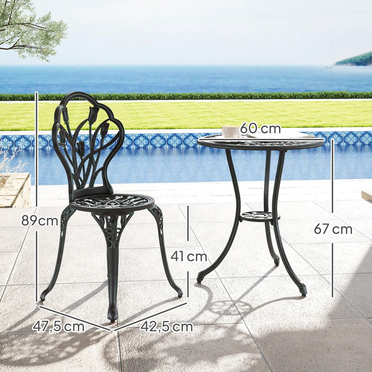 OUTSUNNY Ensemble salon de jardin 2 places 2 chaises + table ronde fonte d'aluminium imitation fer forgé noir effet vieilli