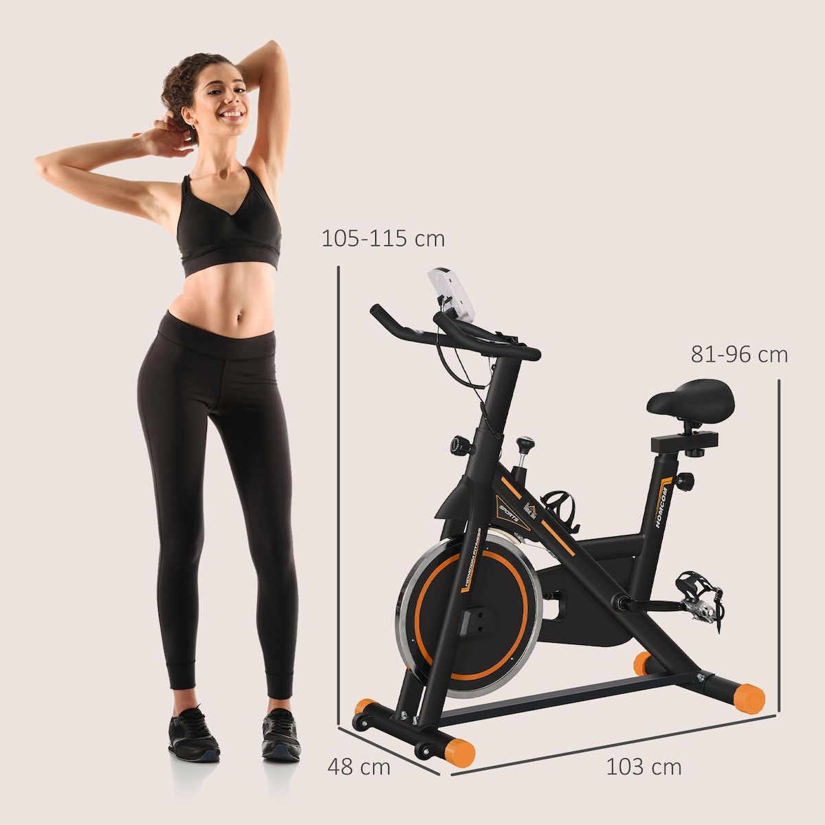HOMCOM Vélo d'appartement réglable - vélo biking cardio - volant d'inertie 8 Kg, écran LCD, support Ipad, gourde - acier orange noir