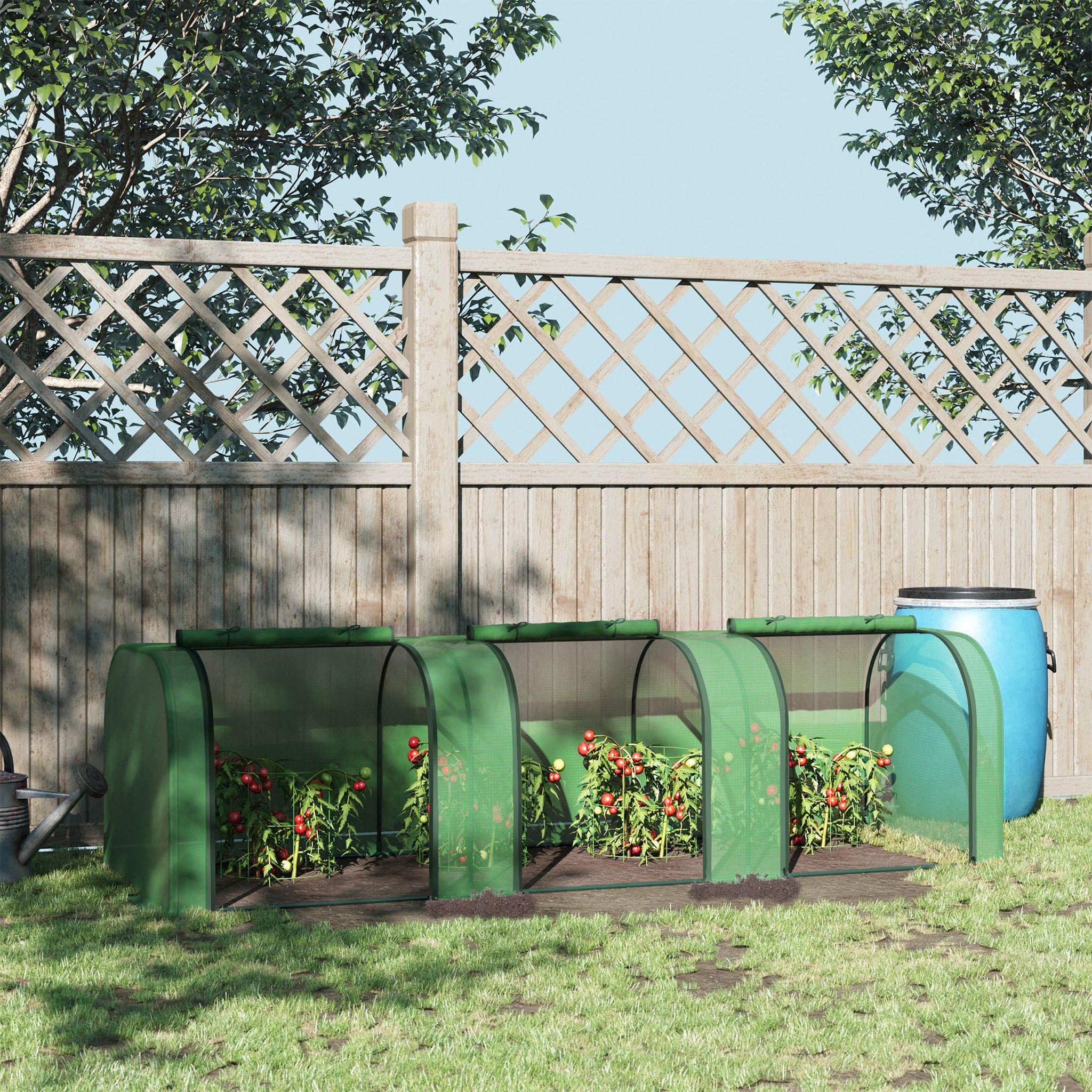 Voir la diapositive 2 : OUTSUNNY Mini serre de jardin serre à tomates 2,95l x 1l x 0,8h m acier pe haute densité 140 g/m² anti-uv 3 fenêtres zip enroulables vert