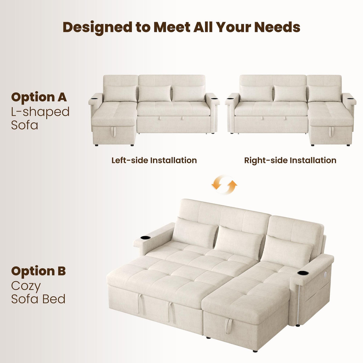 MERAX Canapé d'angle réversible convertible 3 places tissu led coffre de rangement