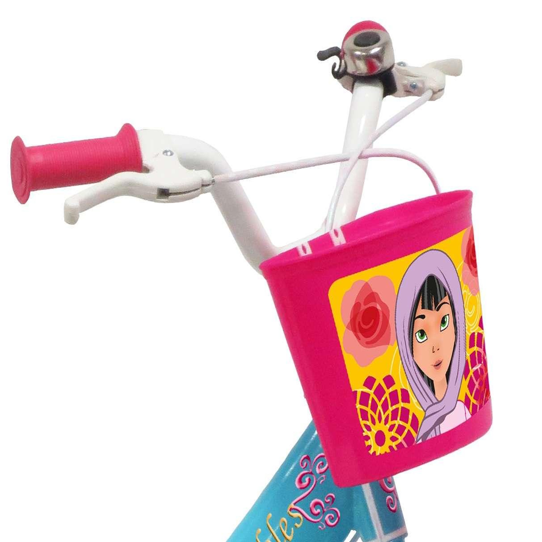 Voir la diapositive 3 : Vélo enfant - Modèle 16'' Fille  Princesse des Sables  pour enfant de 105 à 120 cm  avec stabilisateurs - Panier avant - Porte poupée arrière - 2 freins & Pneus gonflables
