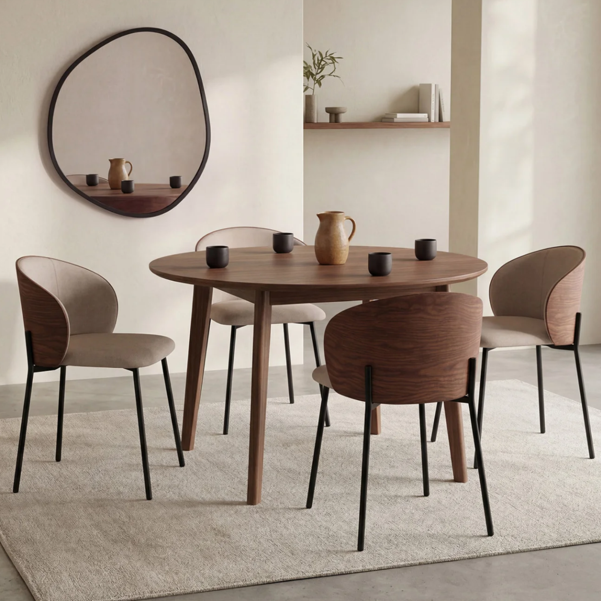 Voir la diapositive 2 : ID MARKET Lot de 4 chaises PENNY en tissu taupe et dossier effet noyer pour salle à manger