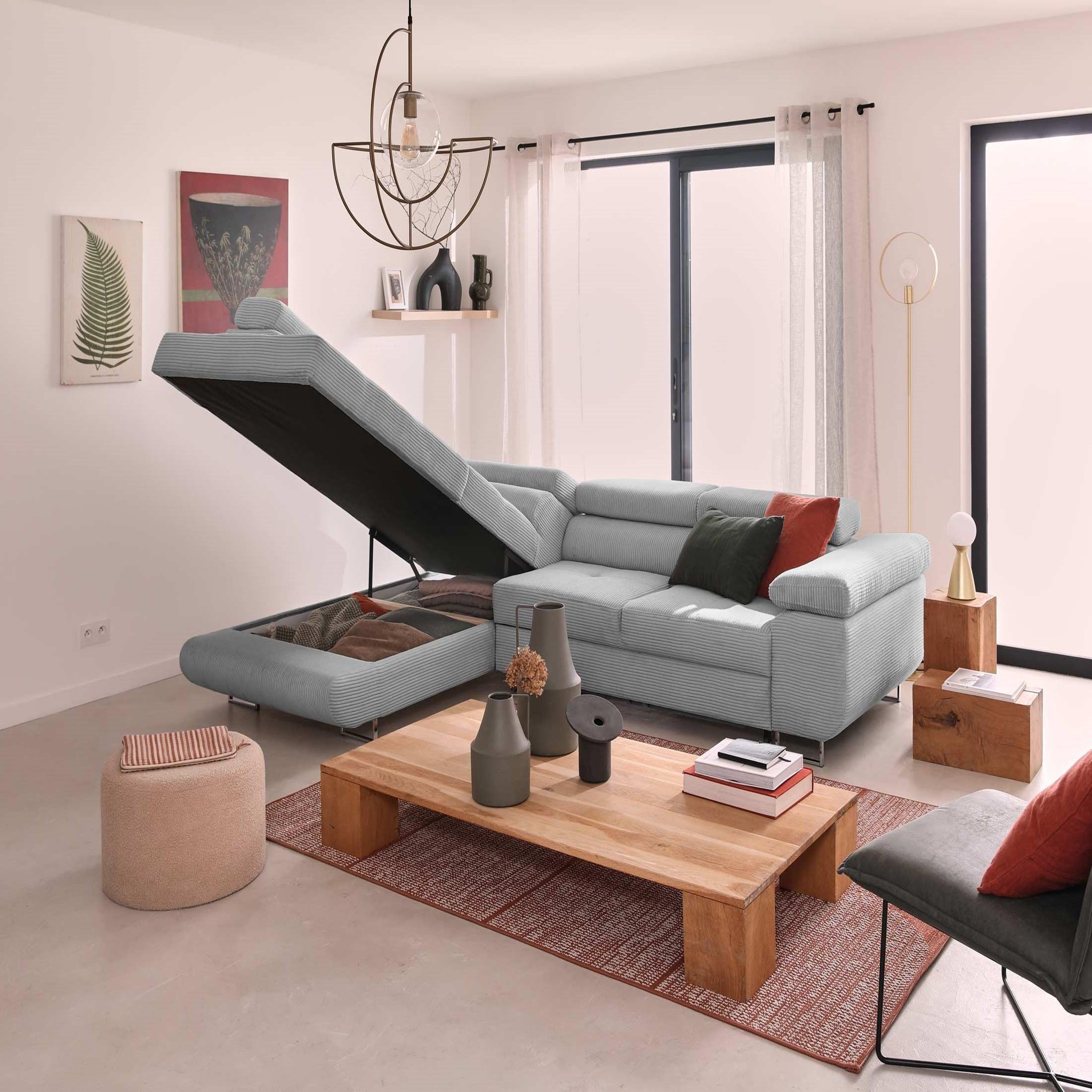 Voir la diapositive 3 : BEST MOBILIER Zaria - canapé d'angle gauche - convertible avec coffre et têtières réglables - 5 places - en velours côtelé