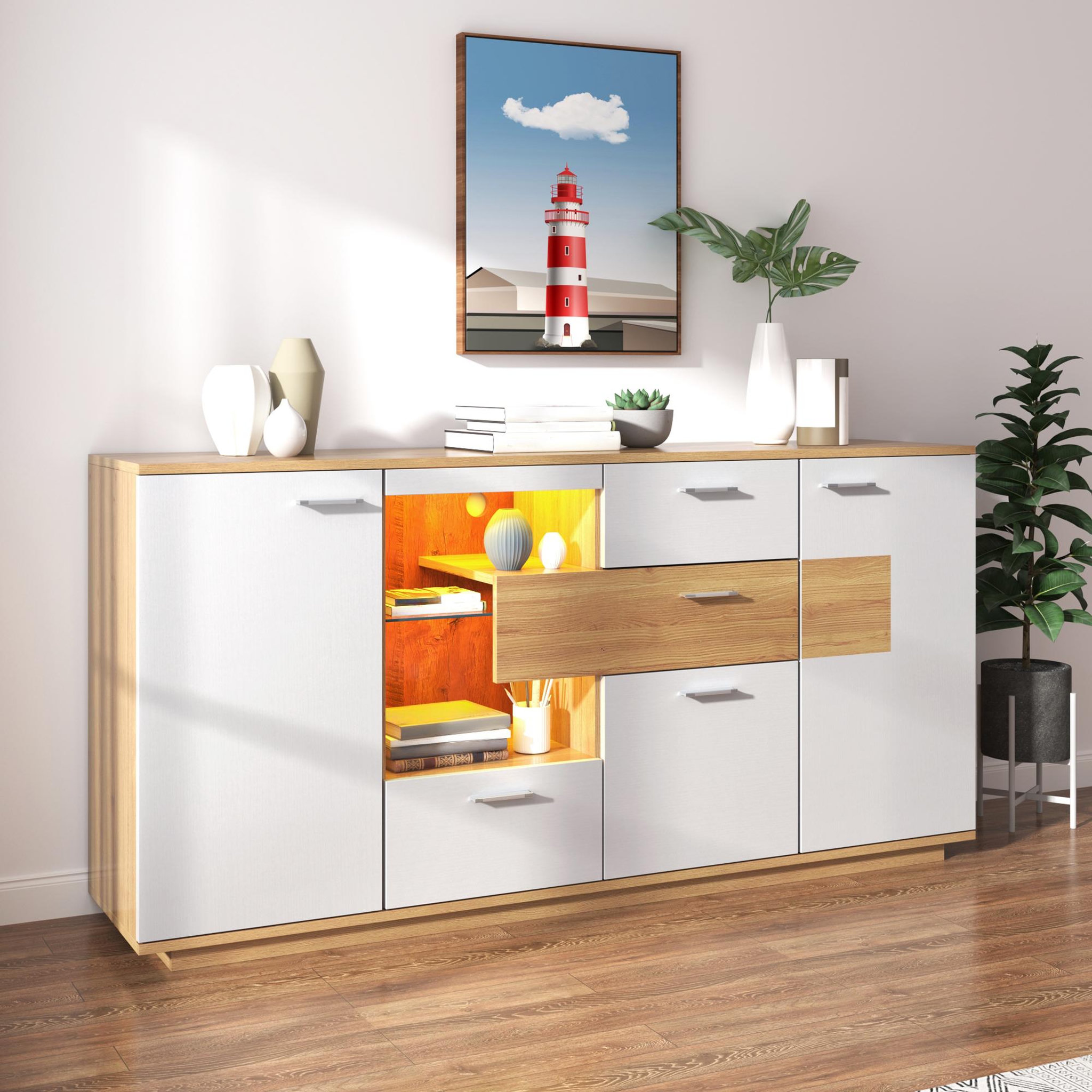 Voir la diapositive 4 : MERAX Buffet 2 porte(s) 4 tiroir(s) - 160 cm naturel+blanc led mdf