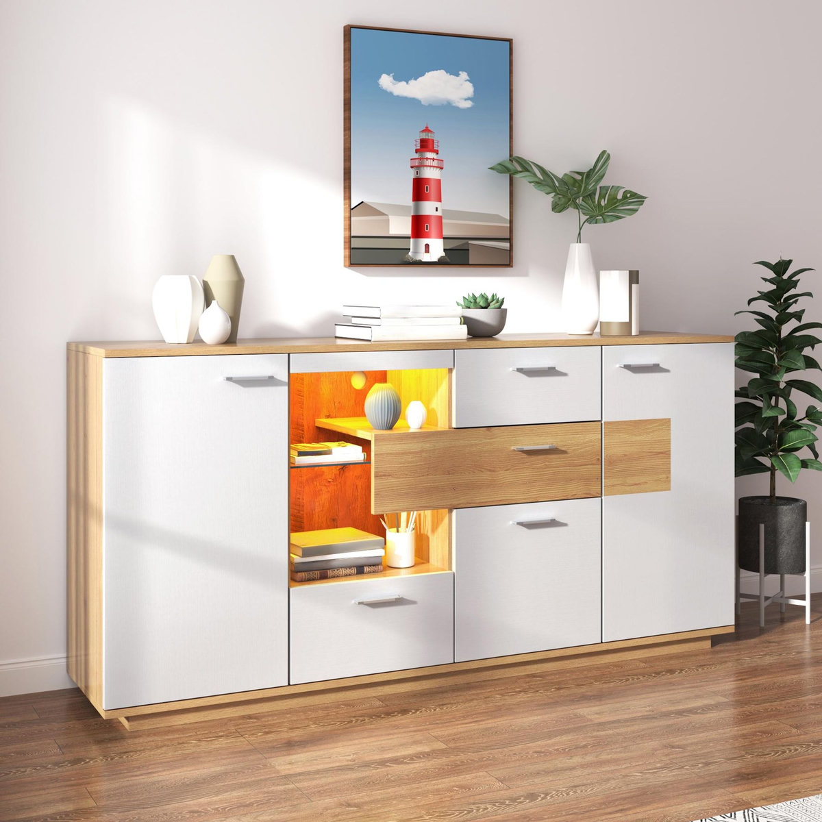 MERAX Buffet 2 porte(s) 4 tiroir(s) - 160 cm naturel+blanc led mdf