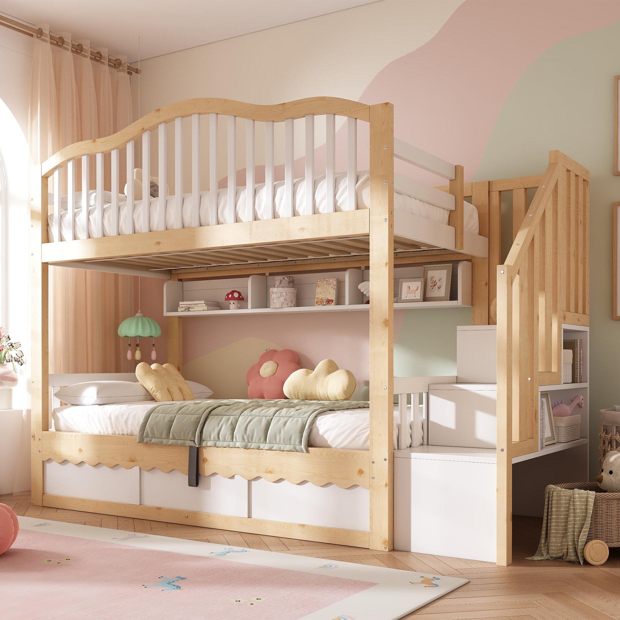 Voir la diapositive 2 : MERAX Lit superposé enfant 90x200 cm avec rangement hydraulique, escalier et étagères coloris blanc chêne