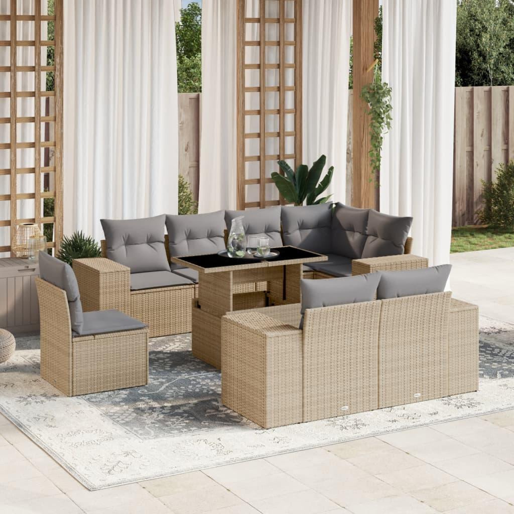 VIDAXL Salon de jardin avec coussins 9 pcs beige resine tressee