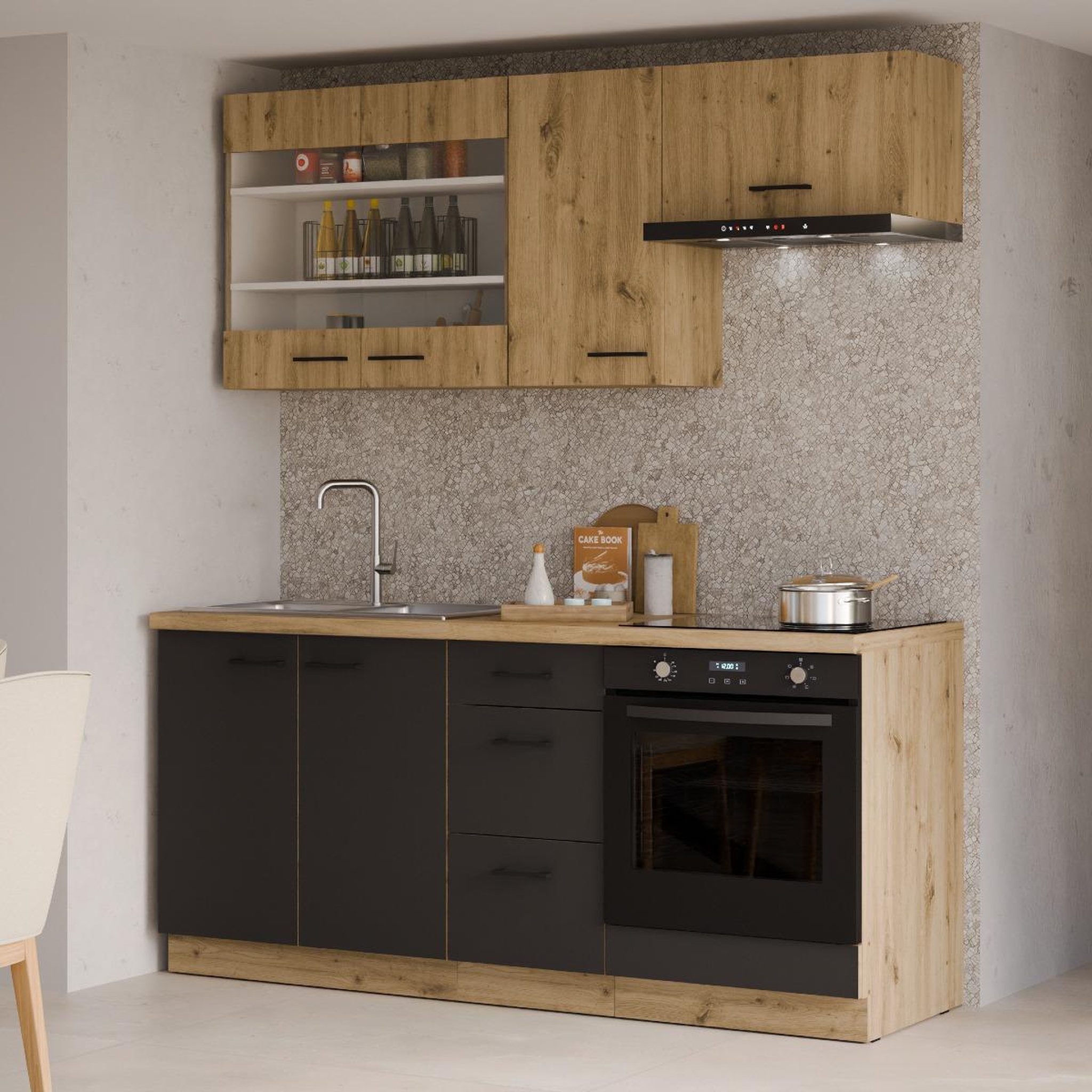Voir la diapositive 3 : JLC KREATION Cuisine complète moderne noir et bois 180cm ODESSA