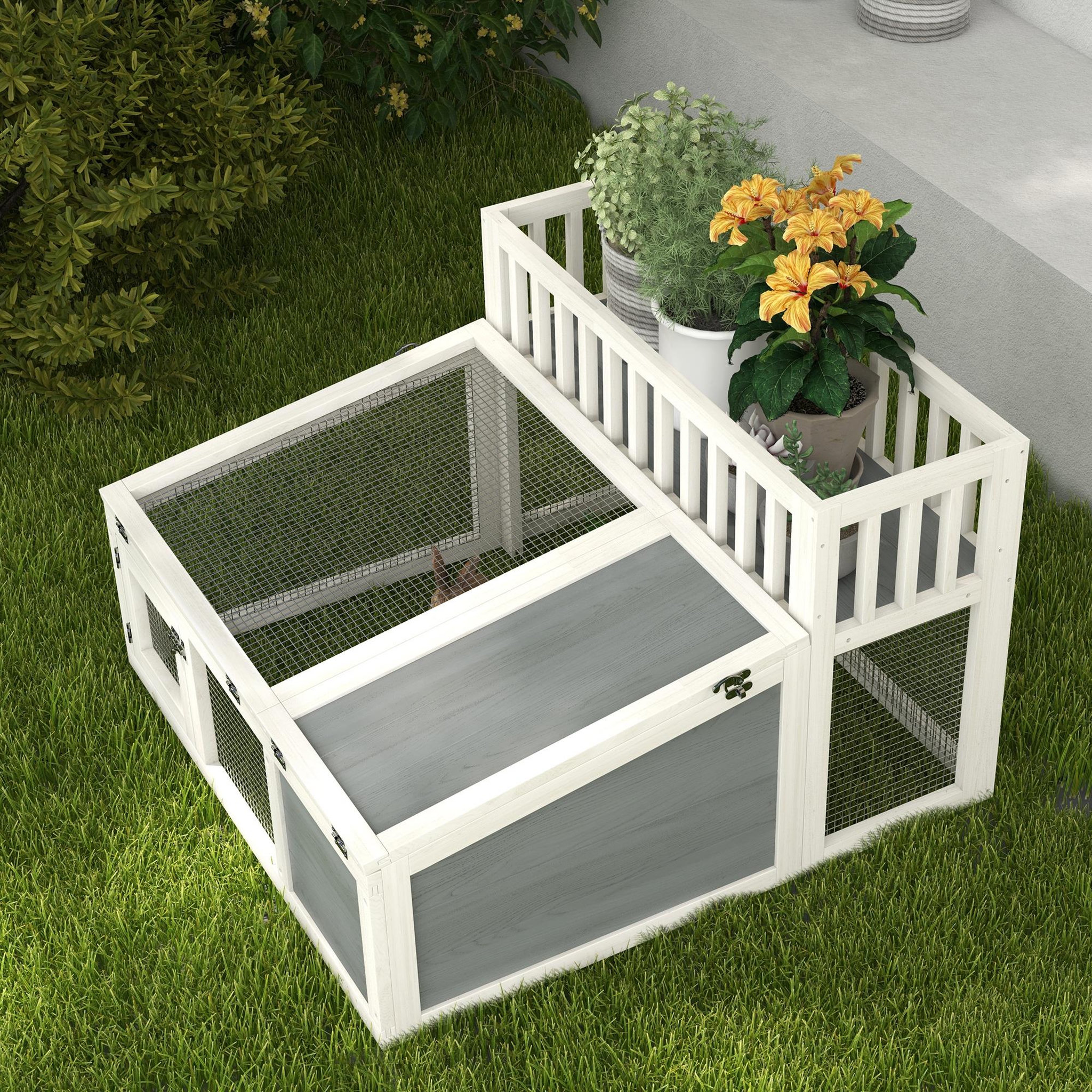 Voir la diapositive 5 : PAWHUT Clapier cage lapin design - espace déco, niche, enclos, nombreuses portes - bois gris blanc