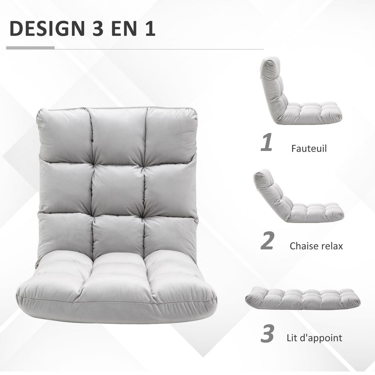 HOMCOM Fauteuil convertible fauteuil paresseux grand confort inclinaison dossier multipositions 90°-180° flanelle polyester capitonné gris clair