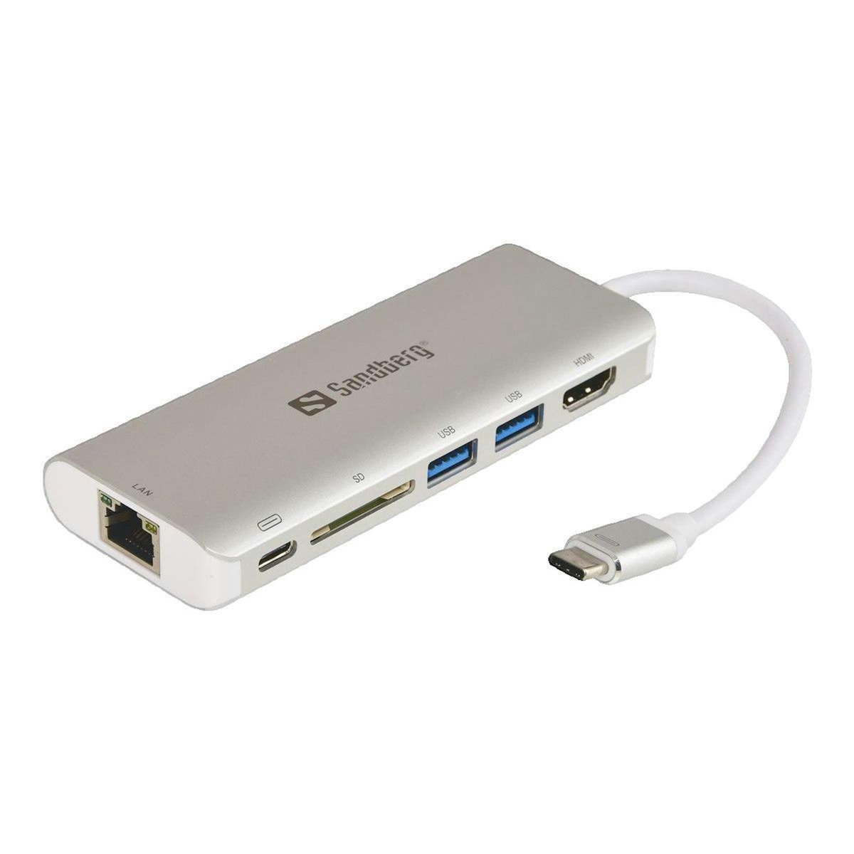 Sandberg Hub USB-C Sandberg 2 sorties HDMI, USB 3.0, RJ45, Lecteur carte SD Argent